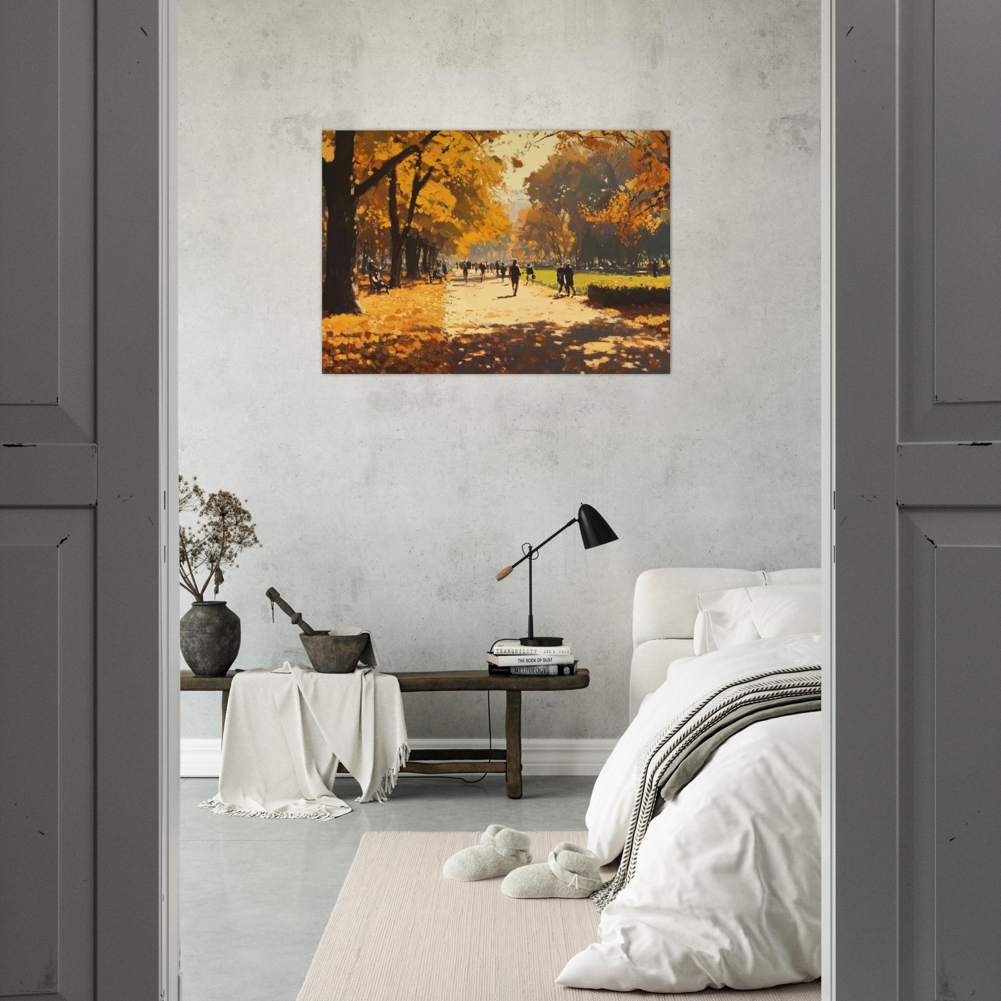 Aluminum Print Landscape - Autumn Park with Strolling Figures A vast park 3 - Shop Ai Art WebShop - Digital Art online Store