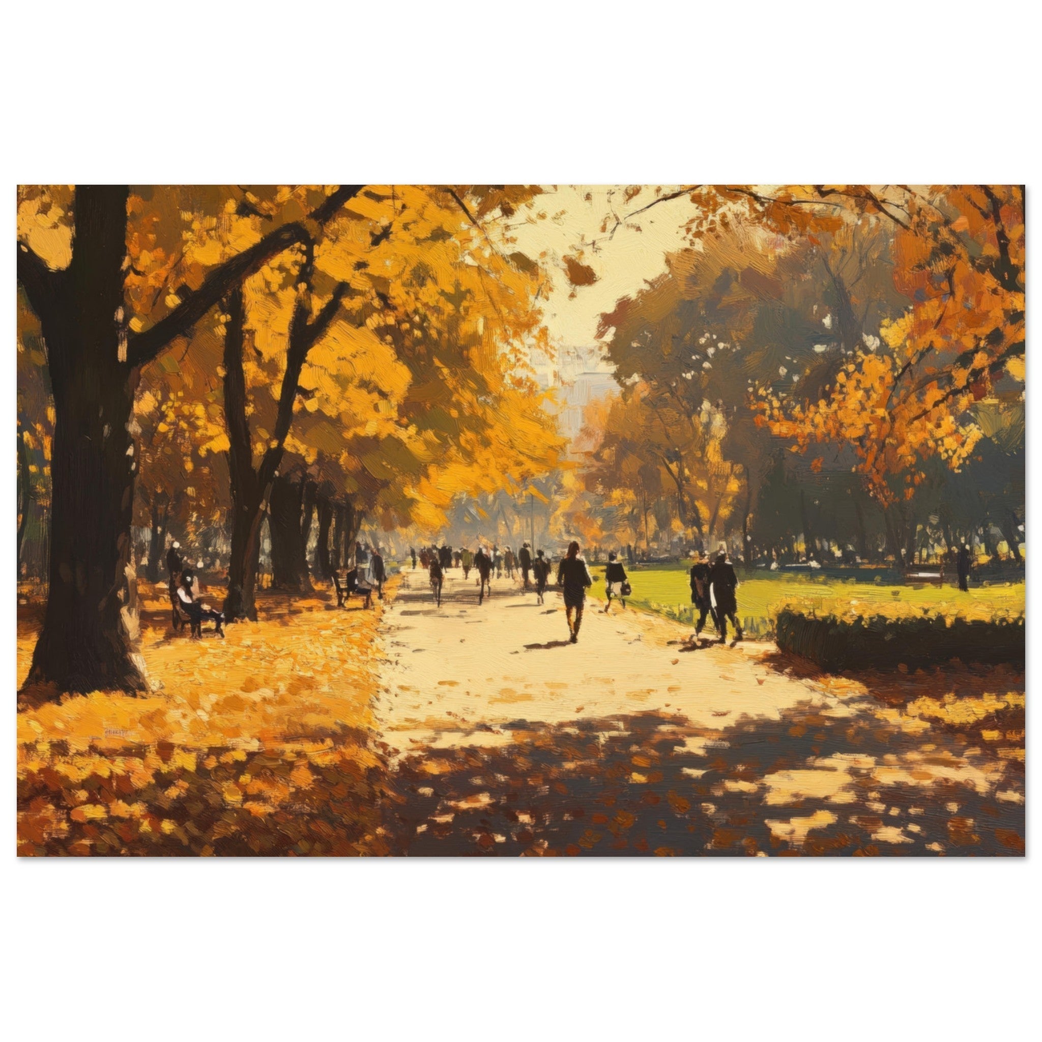 Aluminum Print Landscape - Autumn Park with Strolling Figures A vast park 3 - Shop Ai Art WebShop - Digital Art online Store