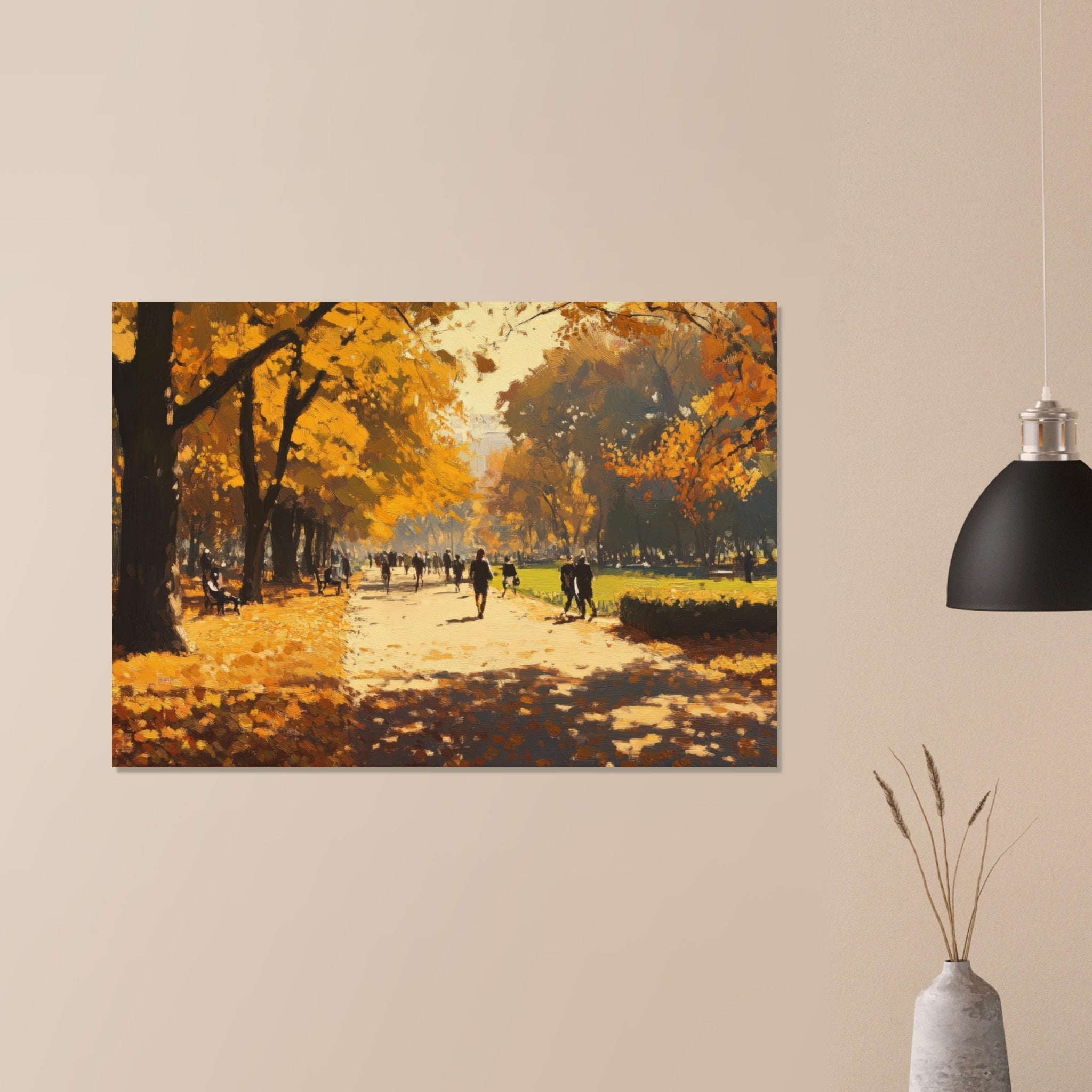 Aluminum Print Landscape - Autumn Park with Strolling Figures A vast park 3 - Shop Ai Art WebShop - Digital Art online Store