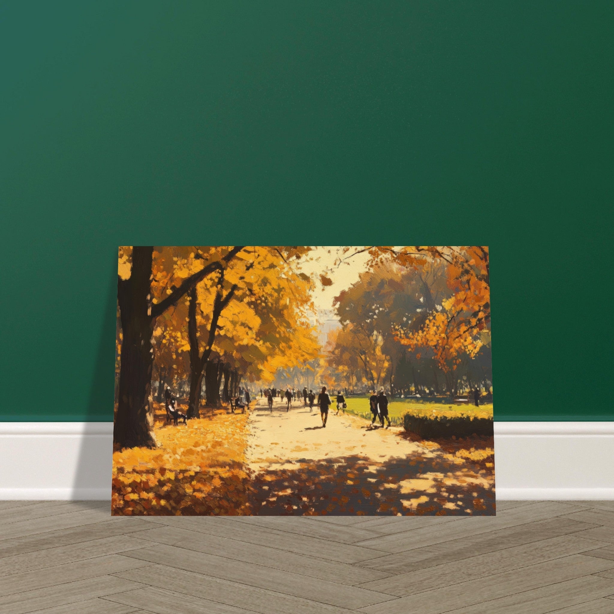Aluminum Print Landscape - Autumn Park with Strolling Figures A vast park 3 - Shop Ai Art WebShop - Digital Art online Store