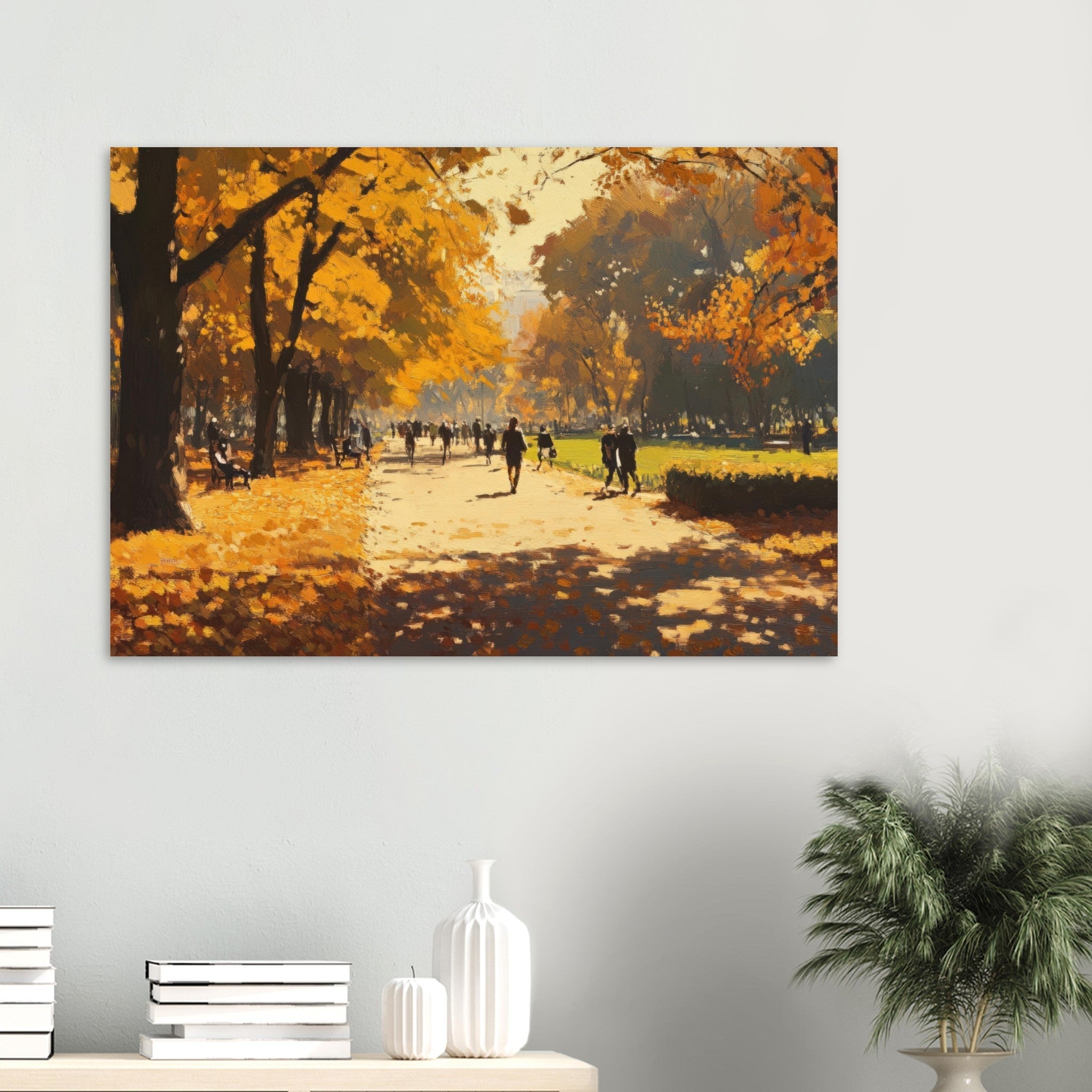 Aluminum Print Landscape - Autumn Park with Strolling Figures A vast park 3 - Shop Ai Art WebShop - Digital Art online Store