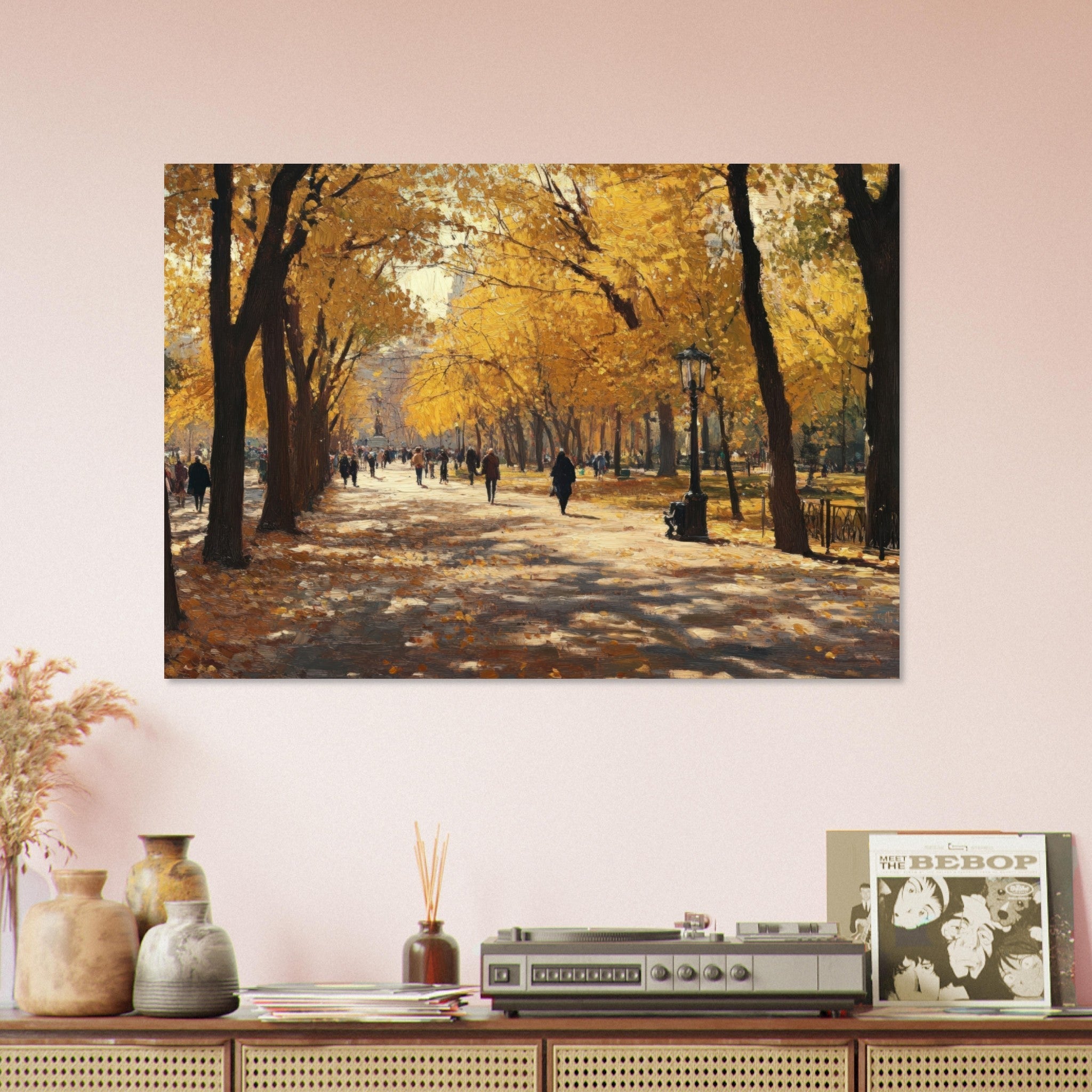 Aluminum Print Landscape - Autumn Park with Strolling Figures A vast park - Shop Ai Art WebShop - Digital Art online Store