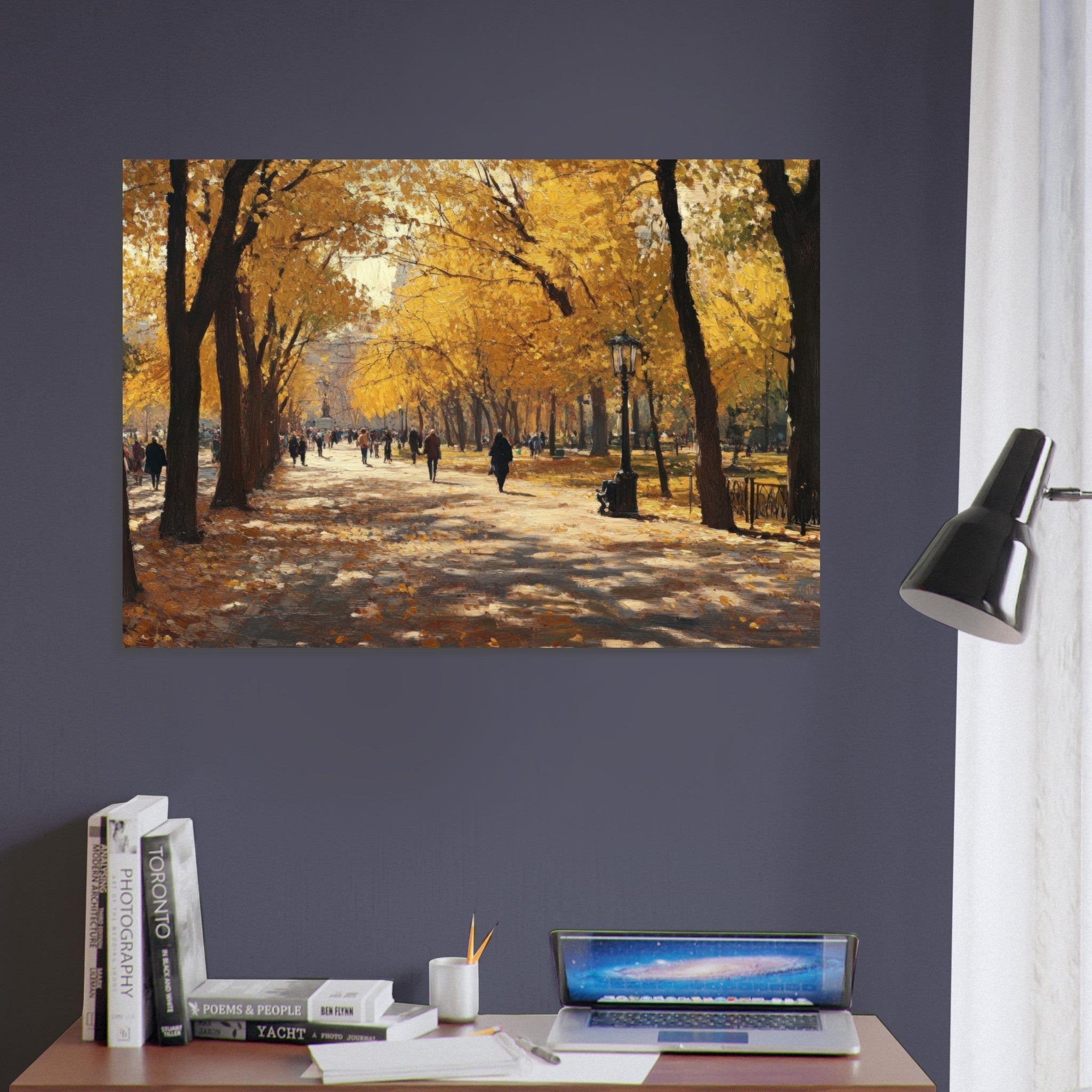 Aluminum Print Landscape - Autumn Park with Strolling Figures A vast park - Shop Ai Art WebShop - Digital Art online Store