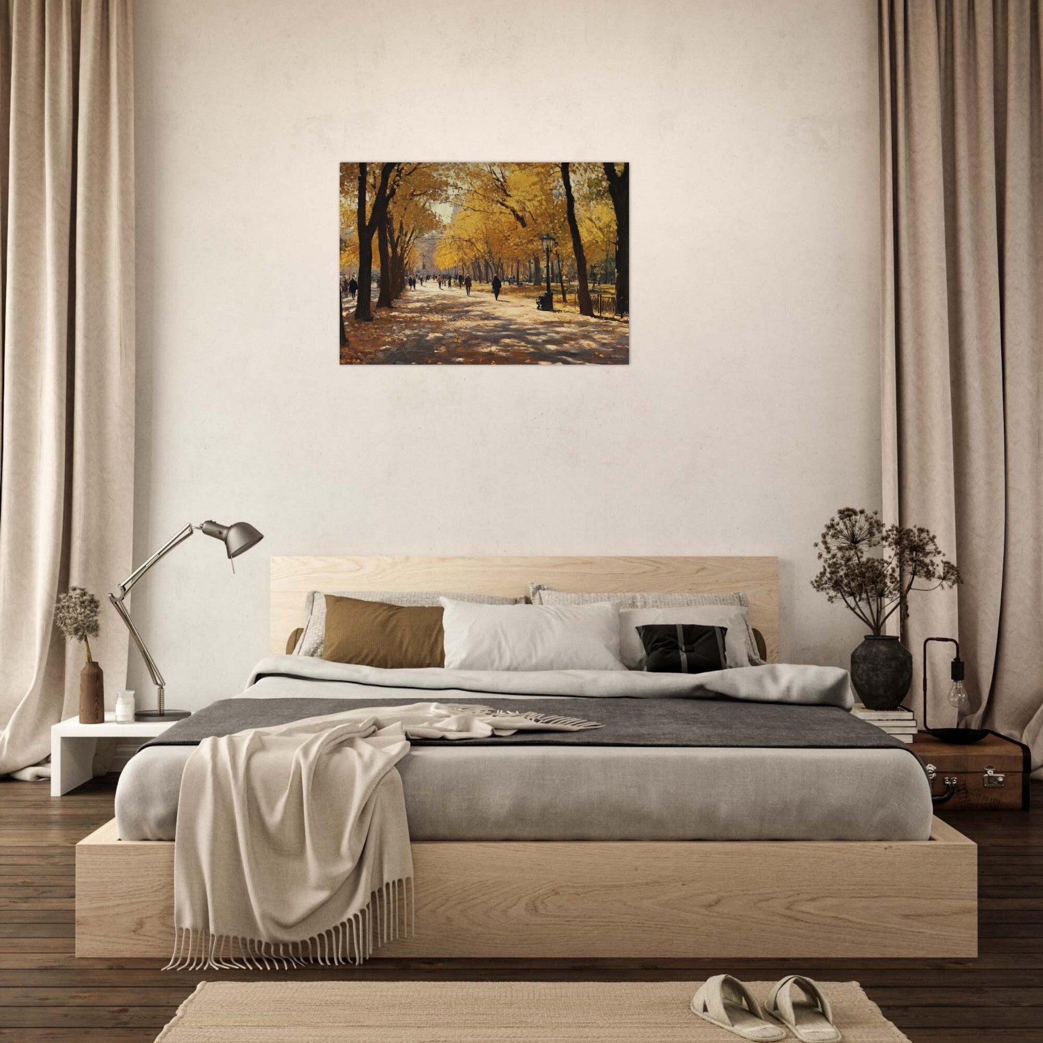 Aluminum Print Landscape - Autumn Park with Strolling Figures A vast park - Shop Ai Art WebShop - Digital Art online Store