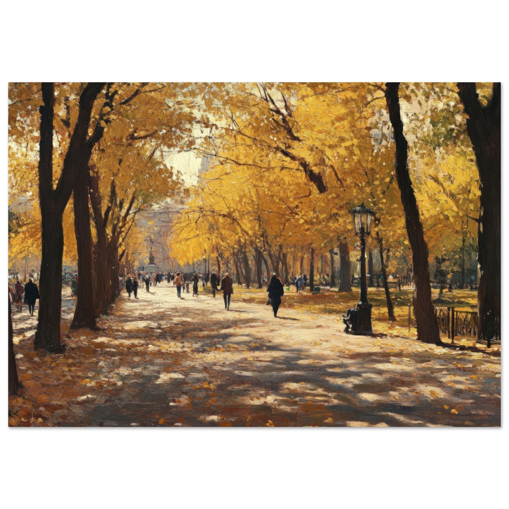 Aluminum Print Landscape - Autumn Park with Strolling Figures A vast park - Shop Ai Art WebShop - Digital Art online Store
