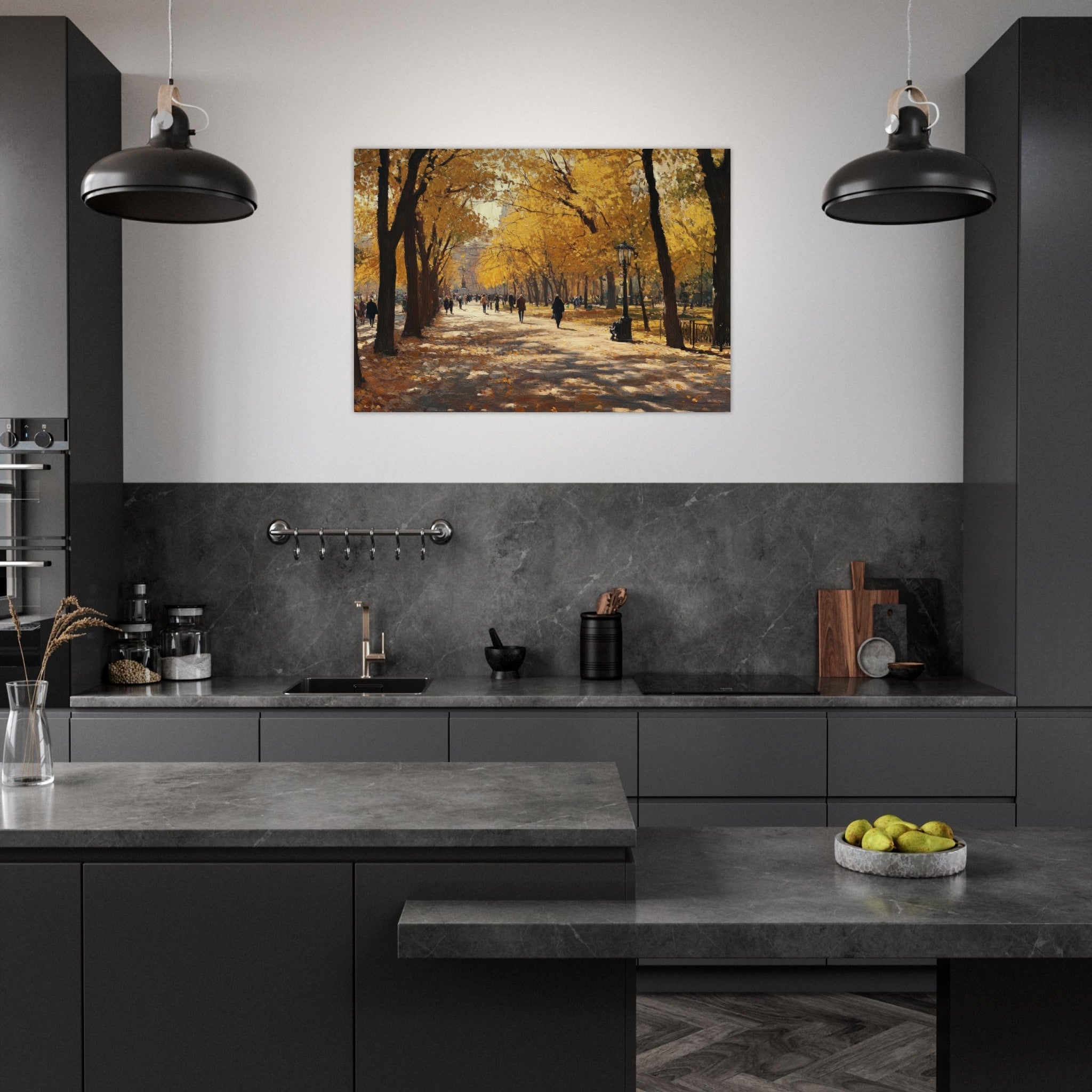 Aluminum Print Landscape - Autumn Park with Strolling Figures A vast park - Shop Ai Art WebShop - Digital Art online Store