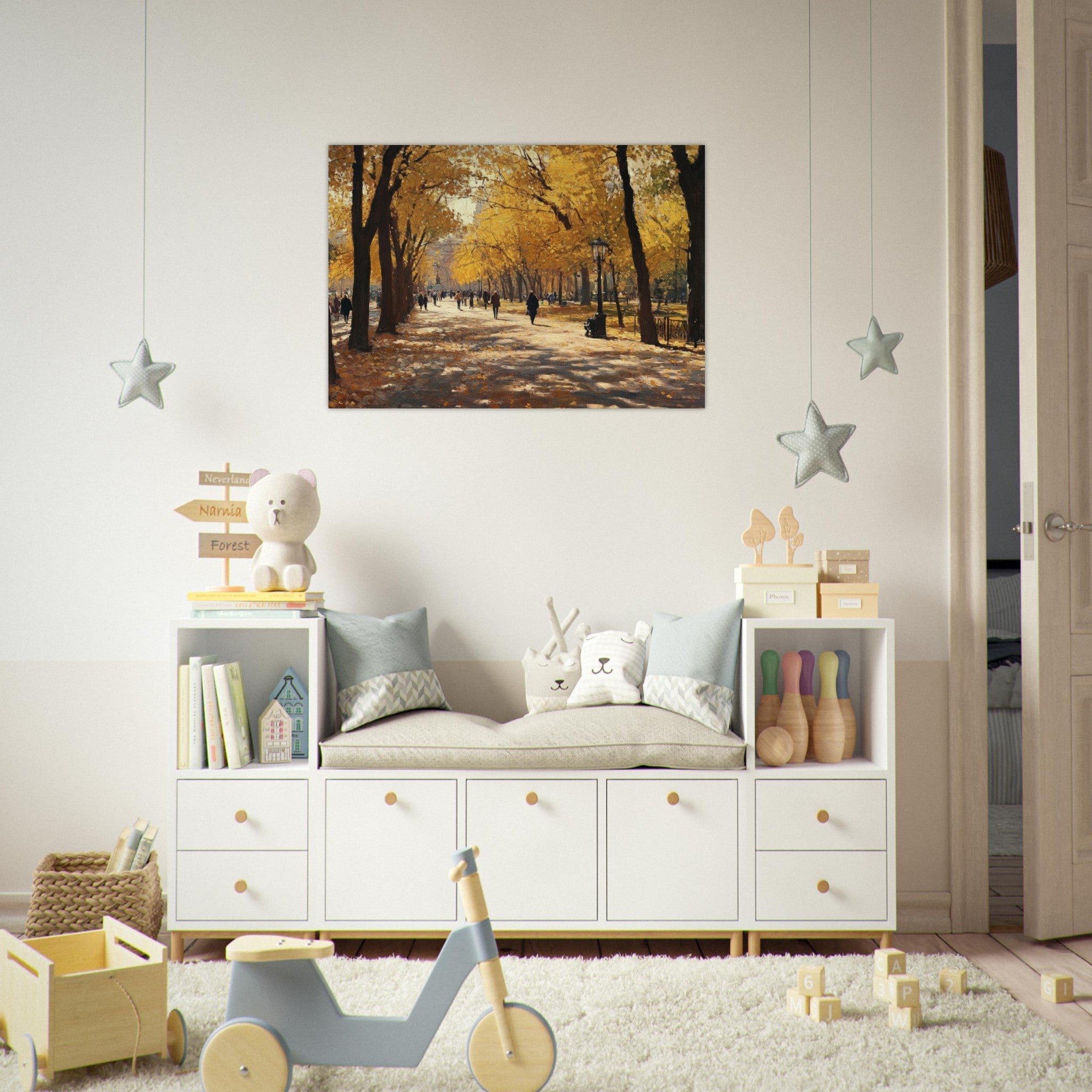Aluminum Print Landscape - Autumn Park with Strolling Figures A vast park - Shop Ai Art WebShop - Digital Art online Store