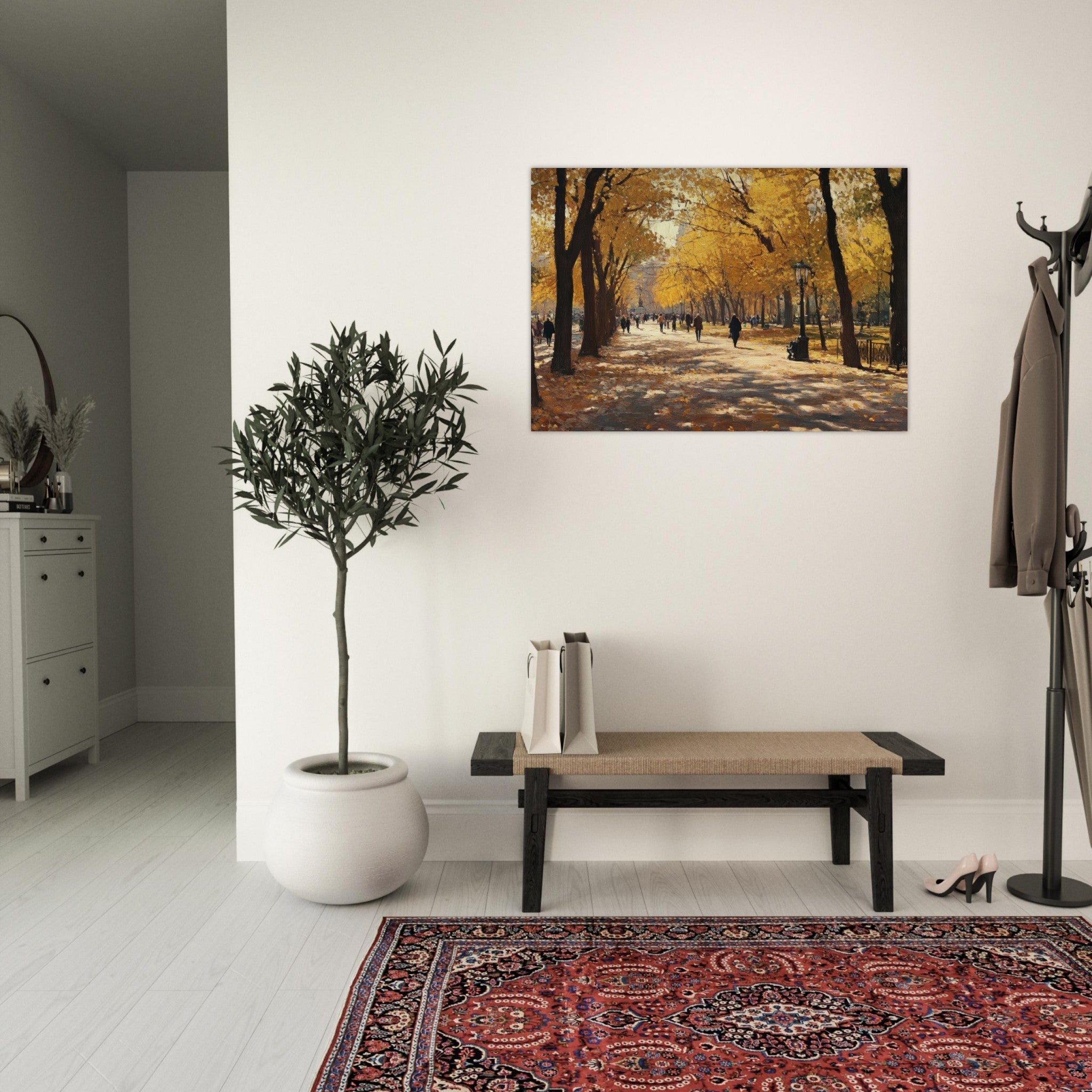 Aluminum Print Landscape - Autumn Park with Strolling Figures A vast park - Shop Ai Art WebShop - Digital Art online Store