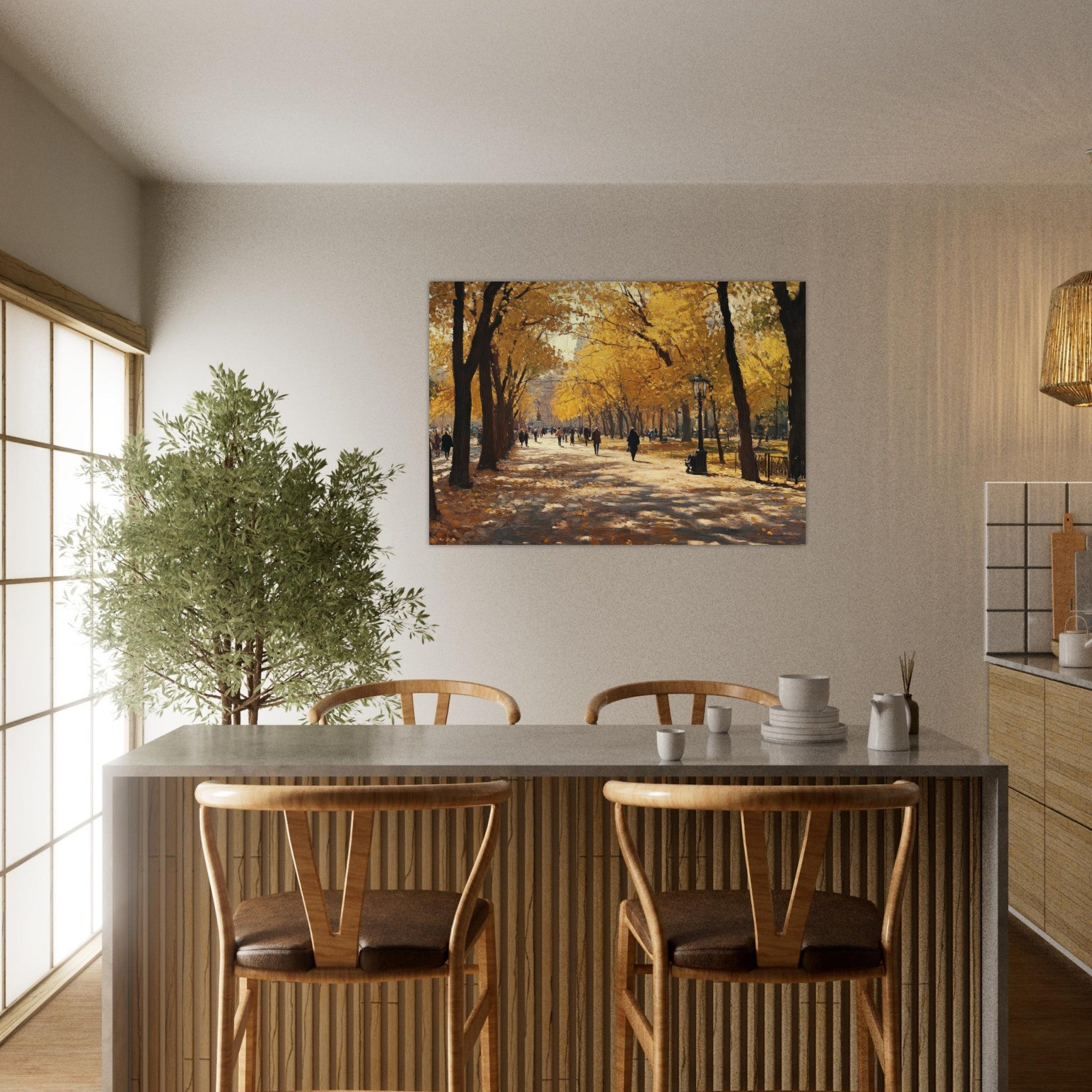 Aluminum Print Landscape - Autumn Park with Strolling Figures A vast park - Shop Ai Art WebShop - Digital Art online Store