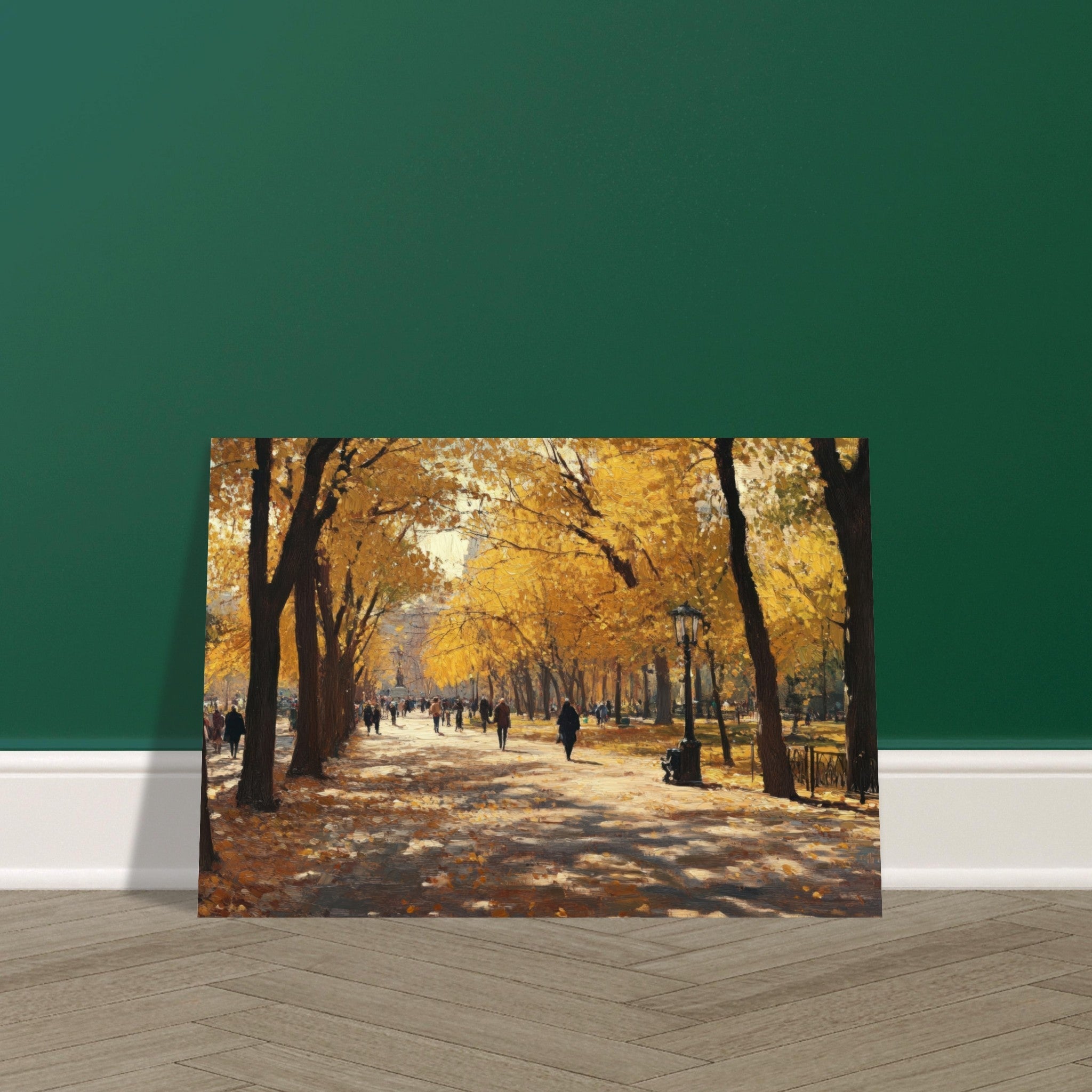 Aluminum Print Landscape - Autumn Park with Strolling Figures A vast park - Shop Ai Art WebShop - Digital Art online Store