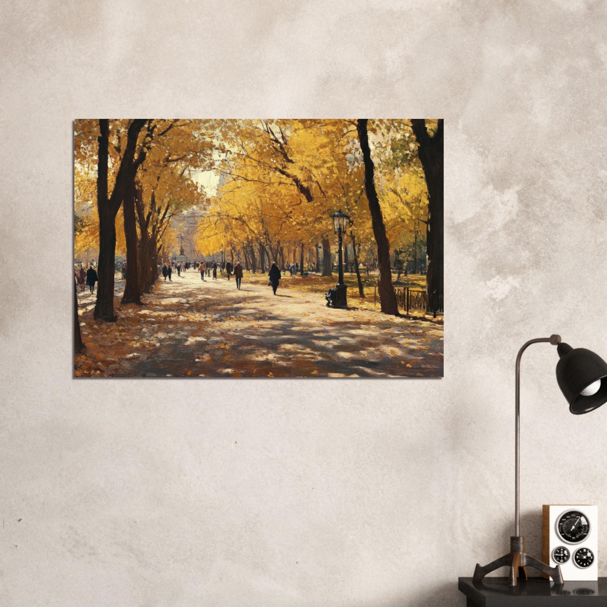 Aluminum Print Landscape - Autumn Park with Strolling Figures A vast park - Shop Ai Art WebShop - Digital Art online Store