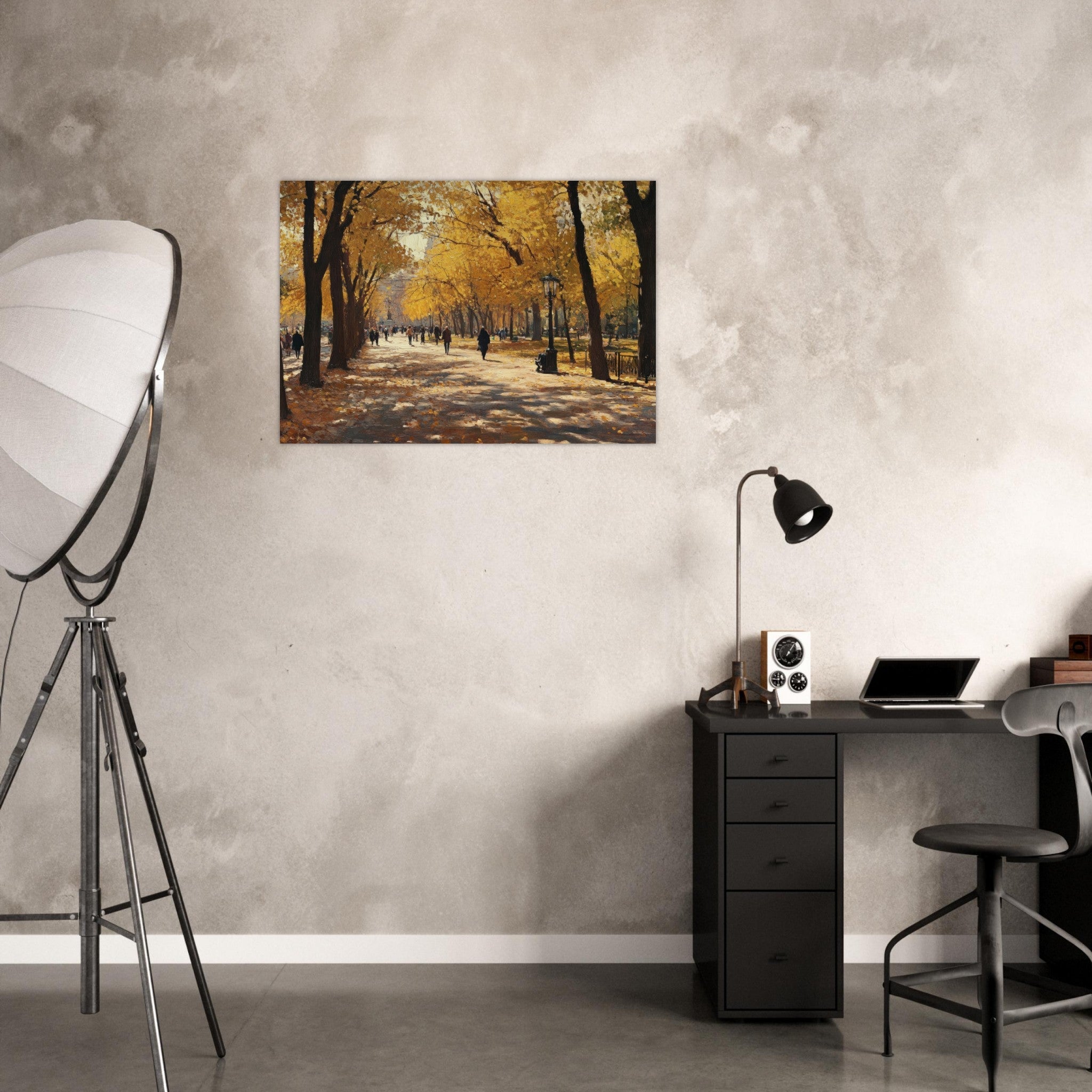 Aluminum Print Landscape - Autumn Park with Strolling Figures A vast park - Shop Ai Art WebShop - Digital Art online Store