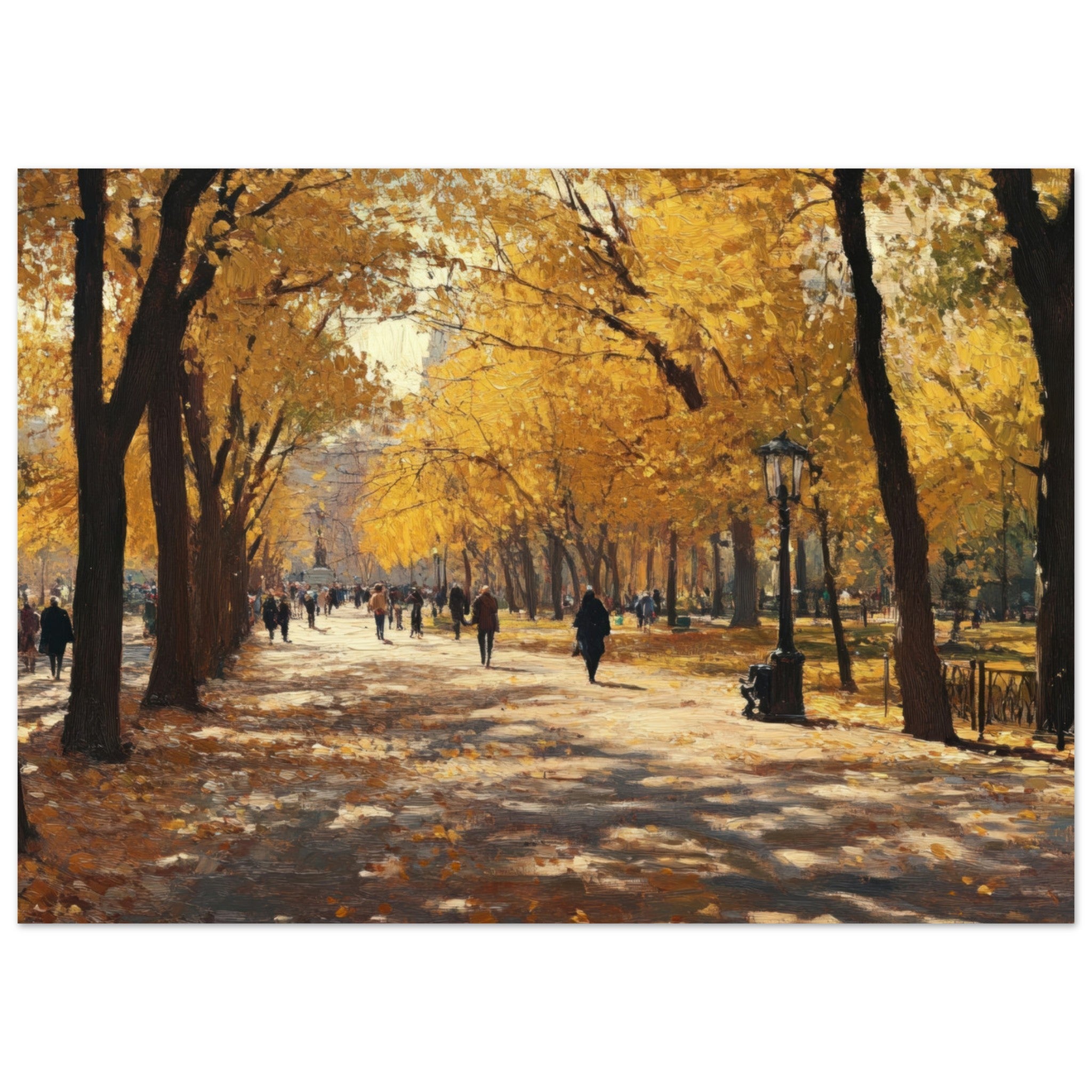 Aluminum Print Landscape - Autumn Park with Strolling Figures A vast park - Shop Ai Art WebShop - Digital Art online Store