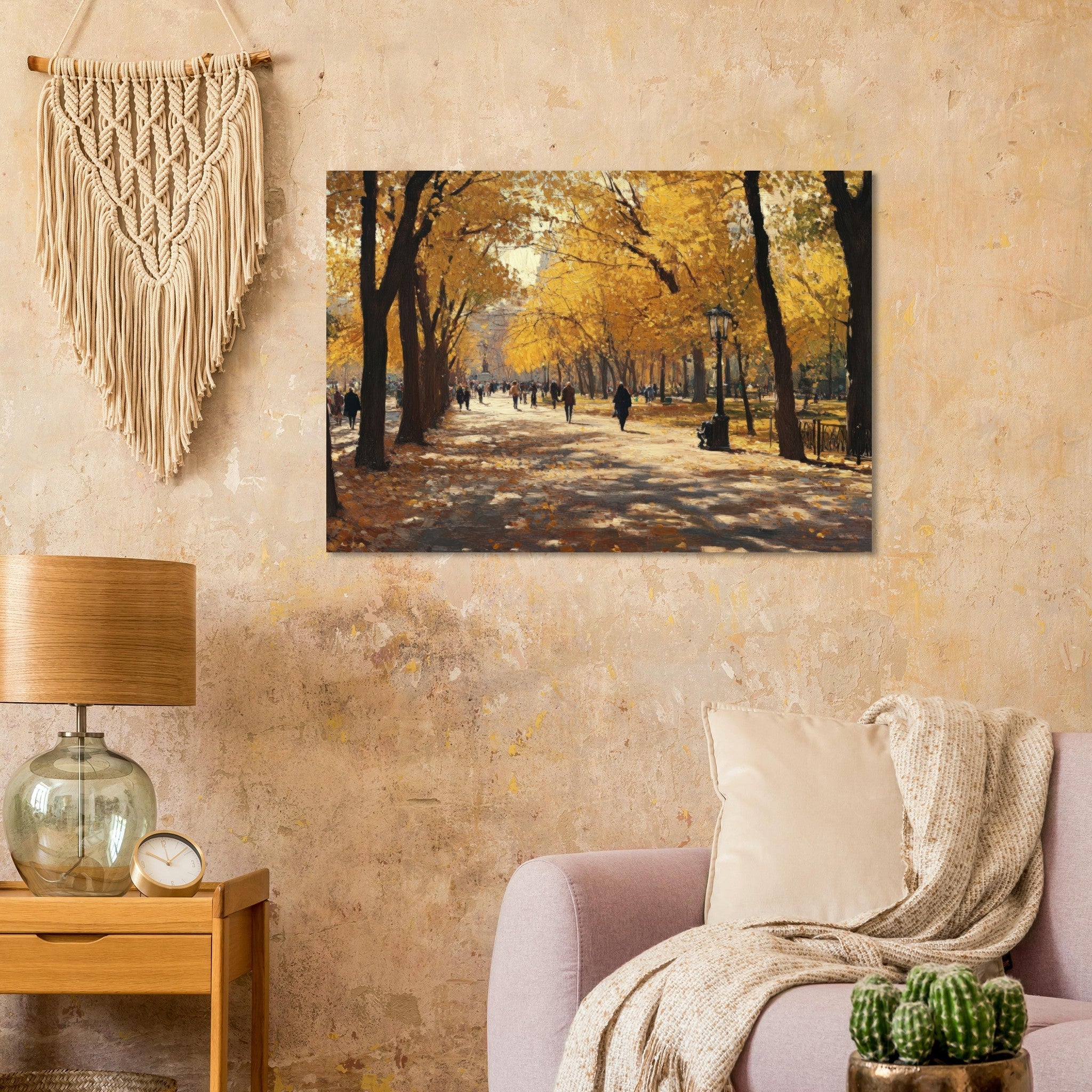 Aluminum Print Landscape - Autumn Park with Strolling Figures A vast park - Shop Ai Art WebShop - Digital Art online Store