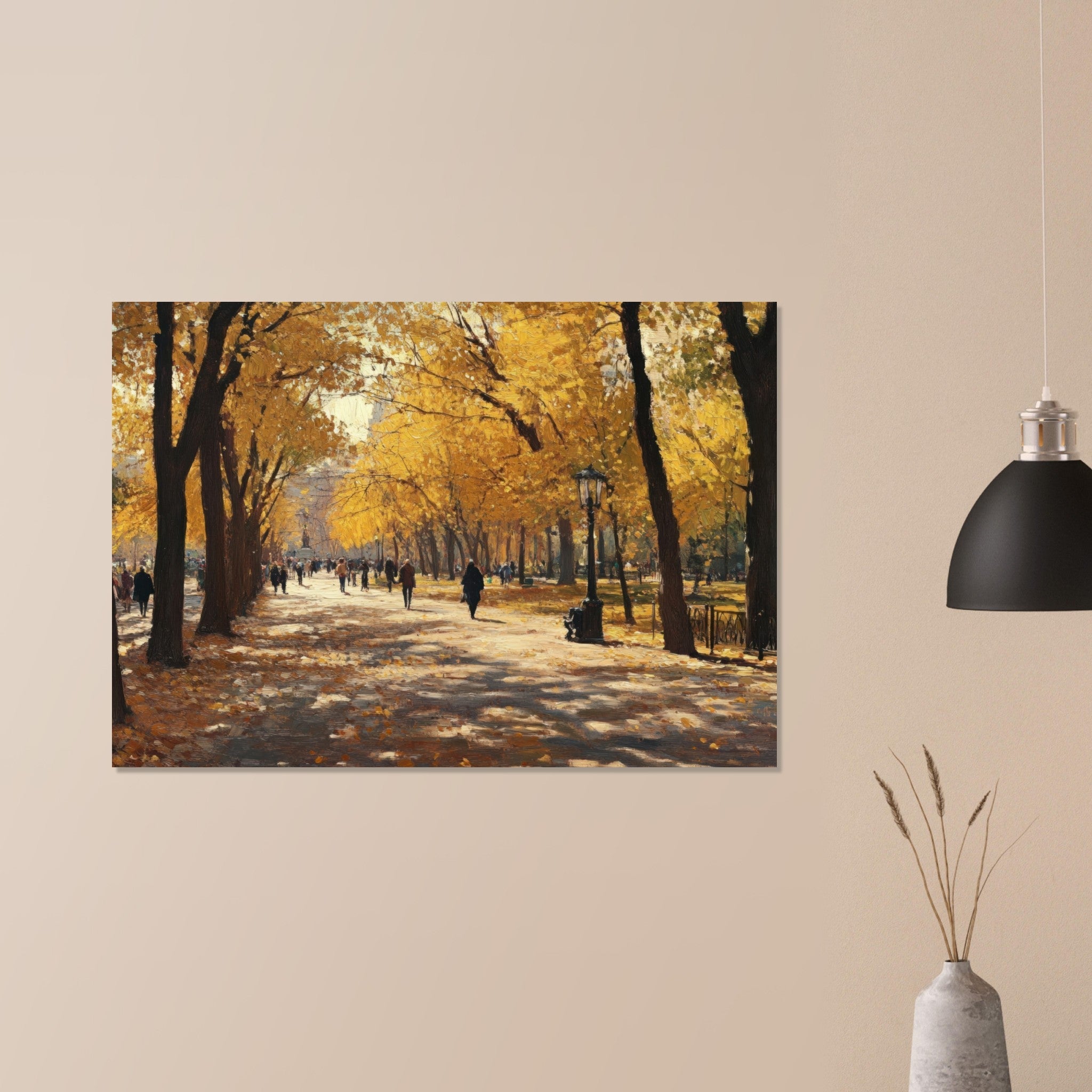 Aluminum Print Landscape - Autumn Park with Strolling Figures A vast park - Shop Ai Art WebShop - Digital Art online Store