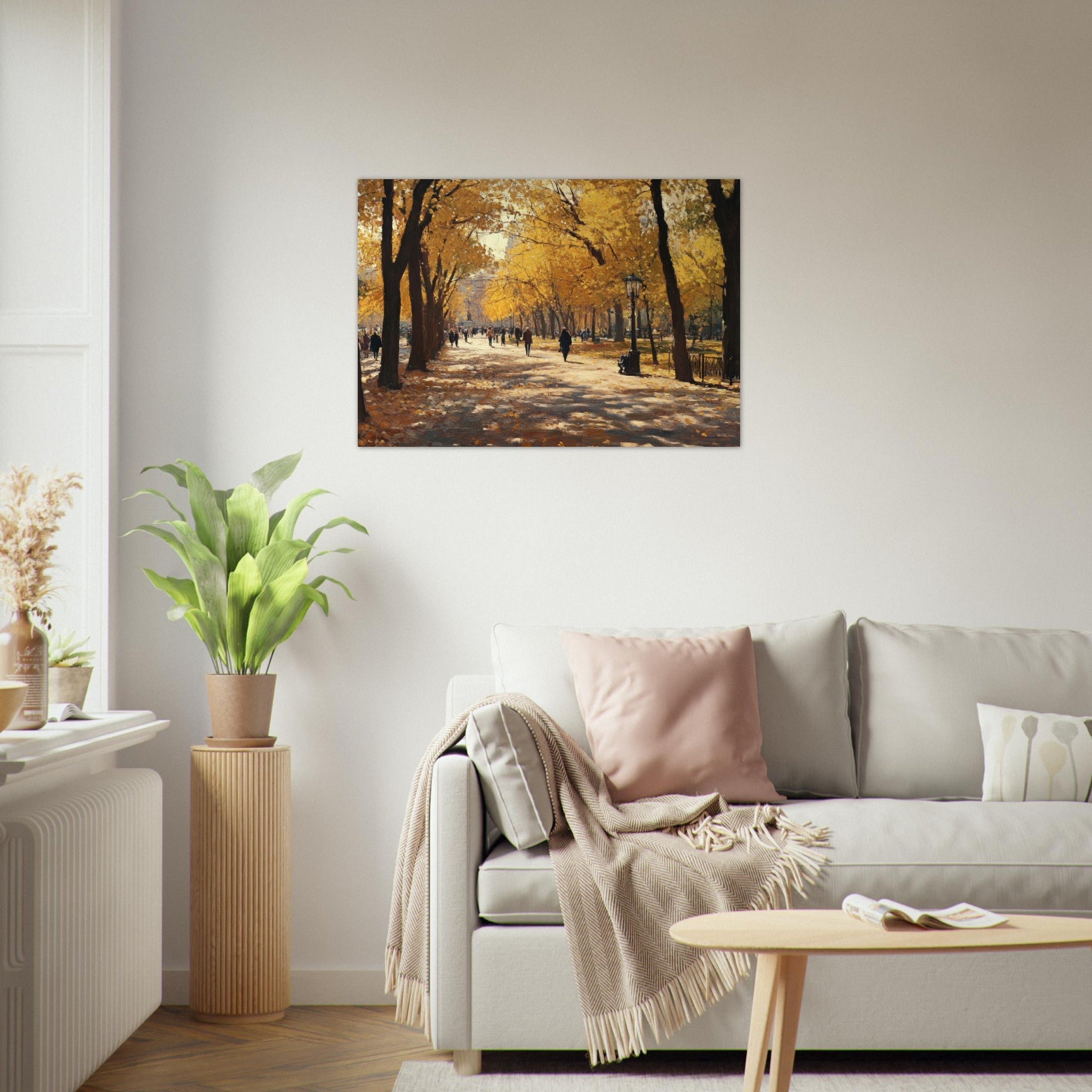 Aluminum Print Landscape - Autumn Park with Strolling Figures A vast park - Shop Ai Art WebShop - Digital Art online Store
