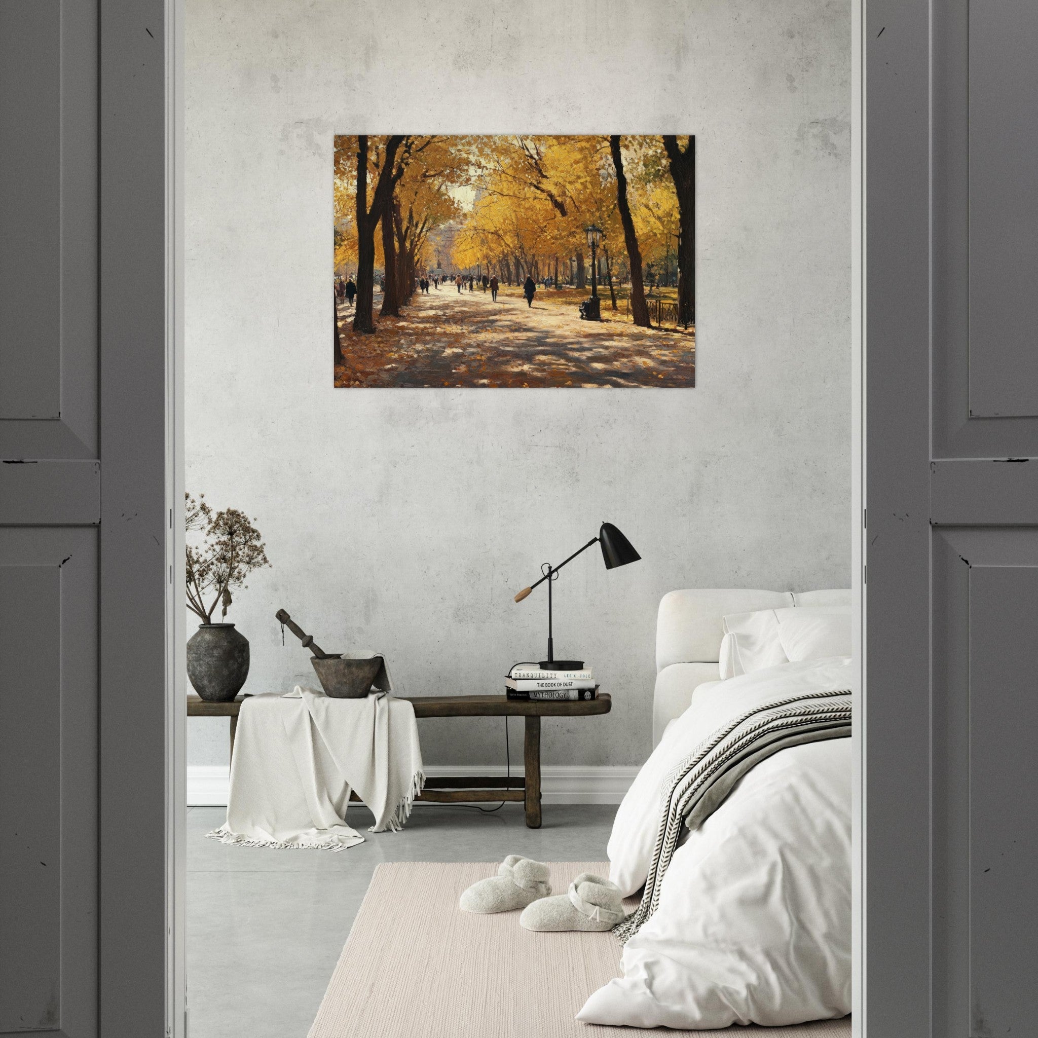 Aluminum Print Landscape - Autumn Park with Strolling Figures A vast park - Shop Ai Art WebShop - Digital Art online Store