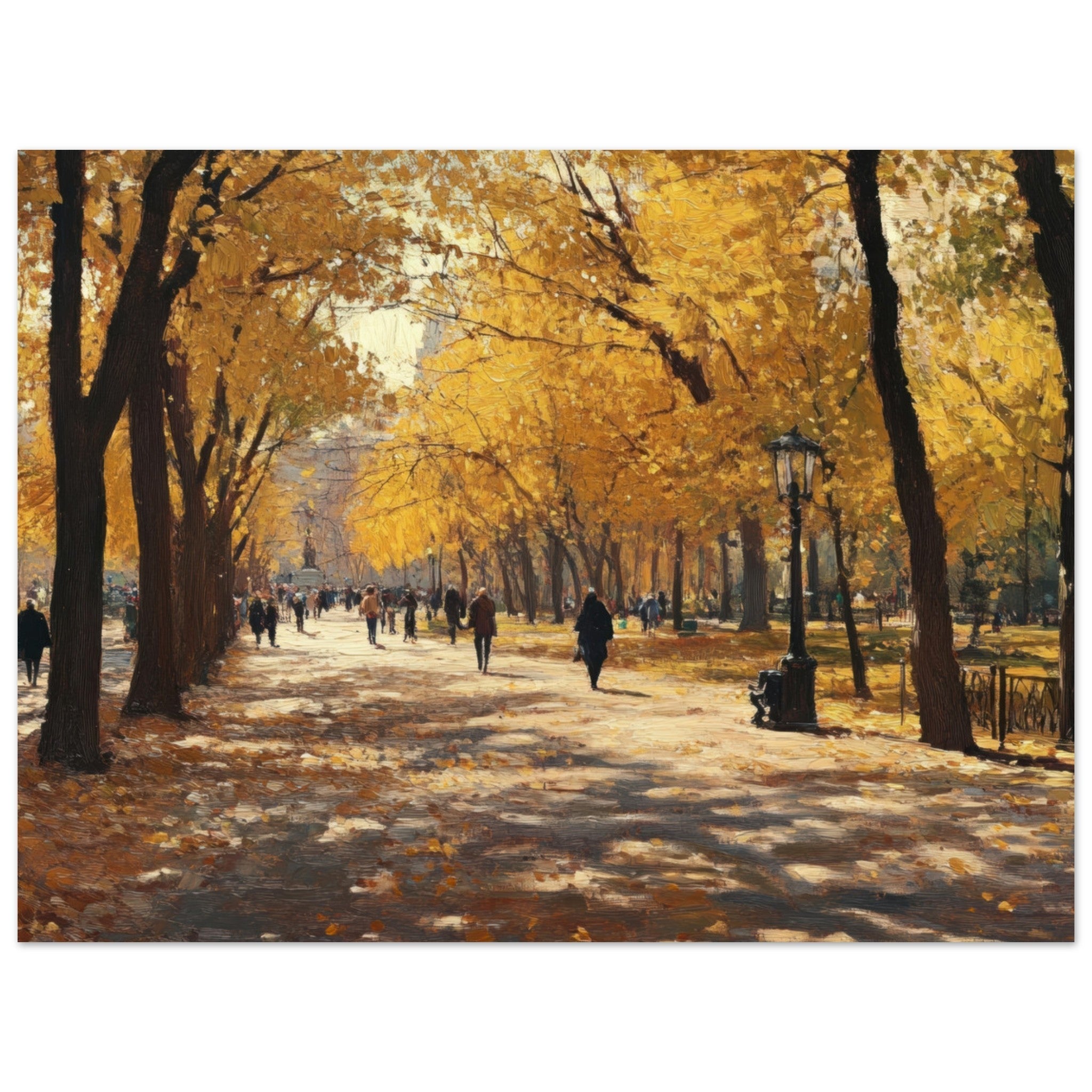 Aluminum Print Landscape - Autumn Park with Strolling Figures A vast park - Shop Ai Art WebShop - Digital Art online Store