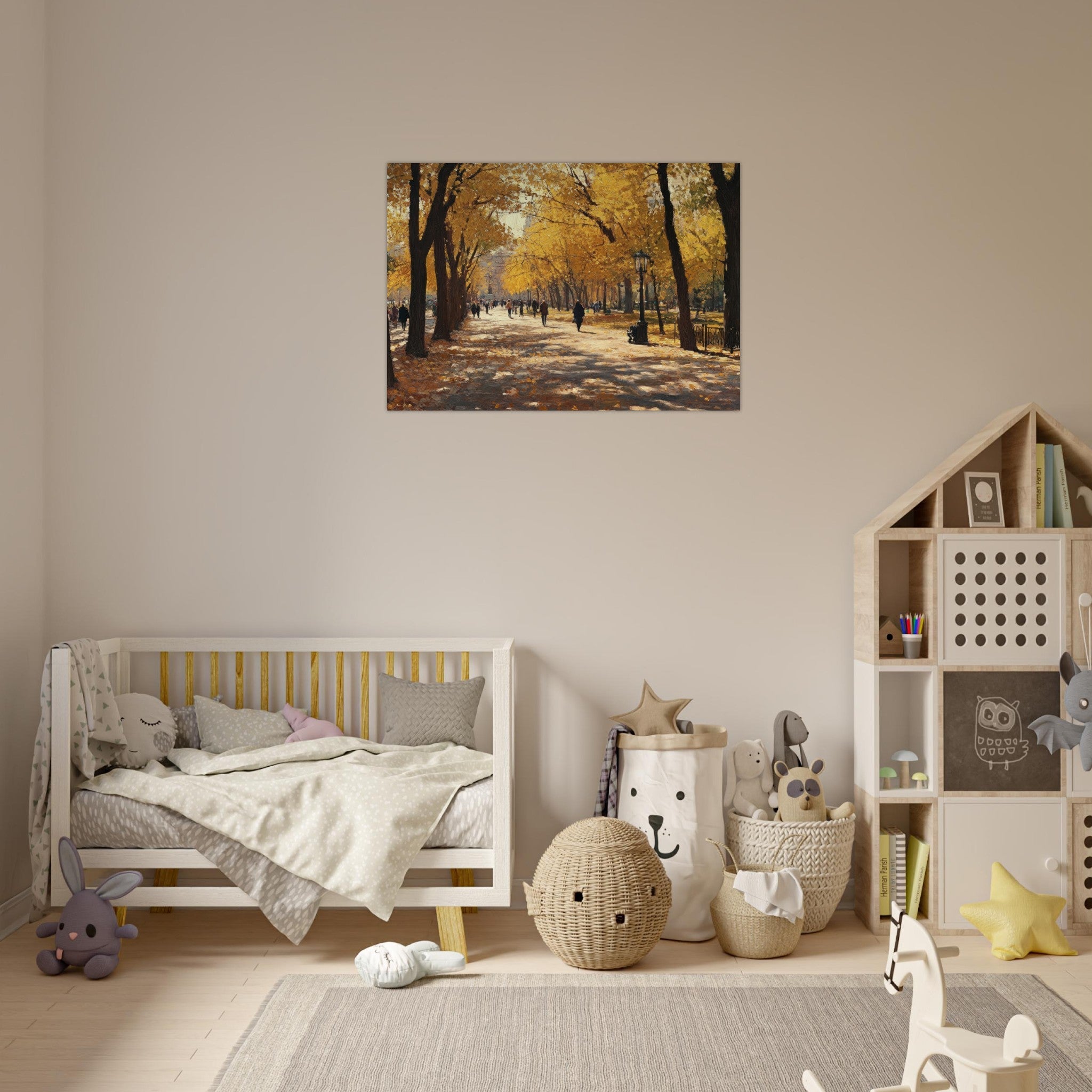 Aluminum Print Landscape - Autumn Park with Strolling Figures A vast park - Shop Ai Art WebShop - Digital Art online Store