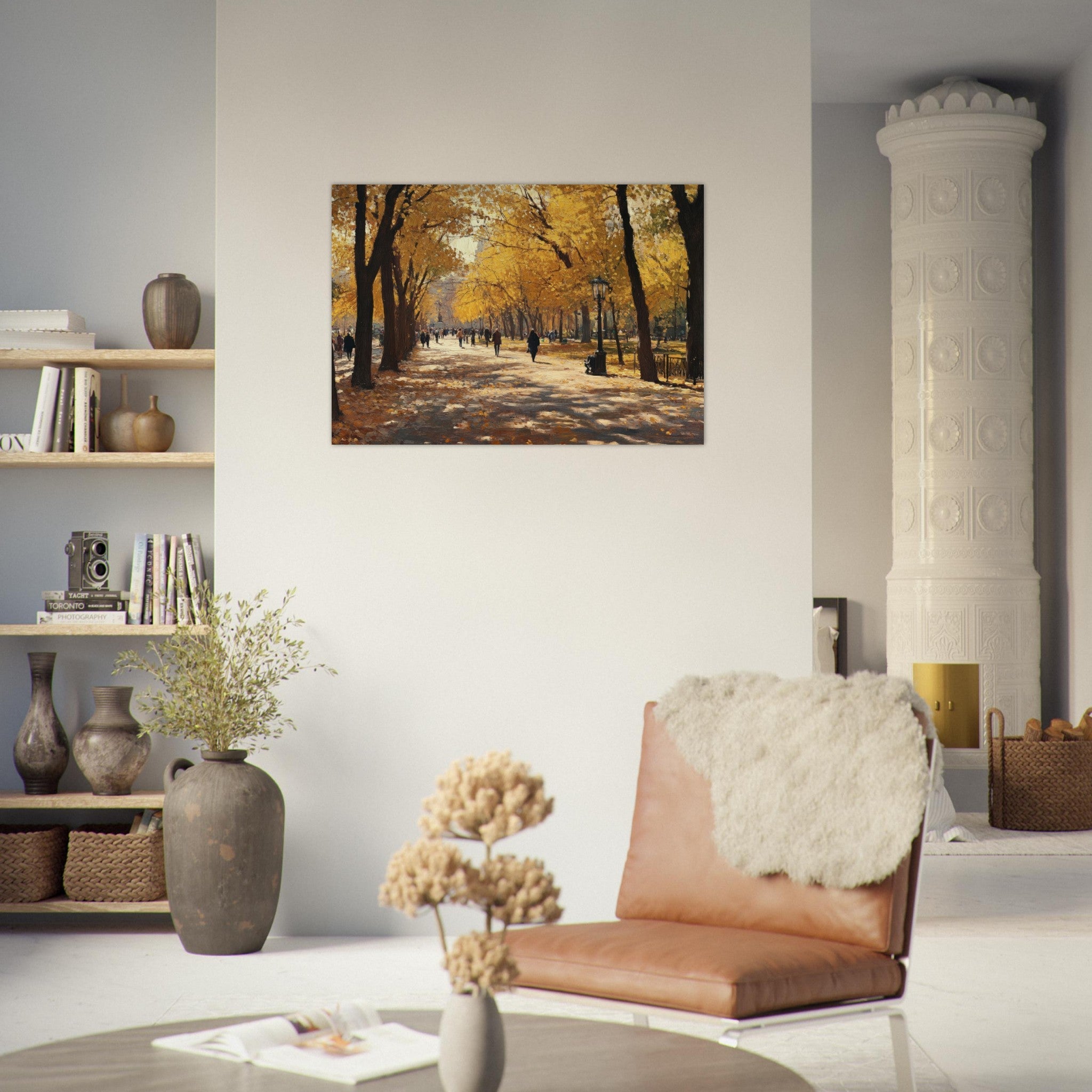 Aluminum Print Landscape - Autumn Park with Strolling Figures A vast park - Shop Ai Art WebShop - Digital Art online Store