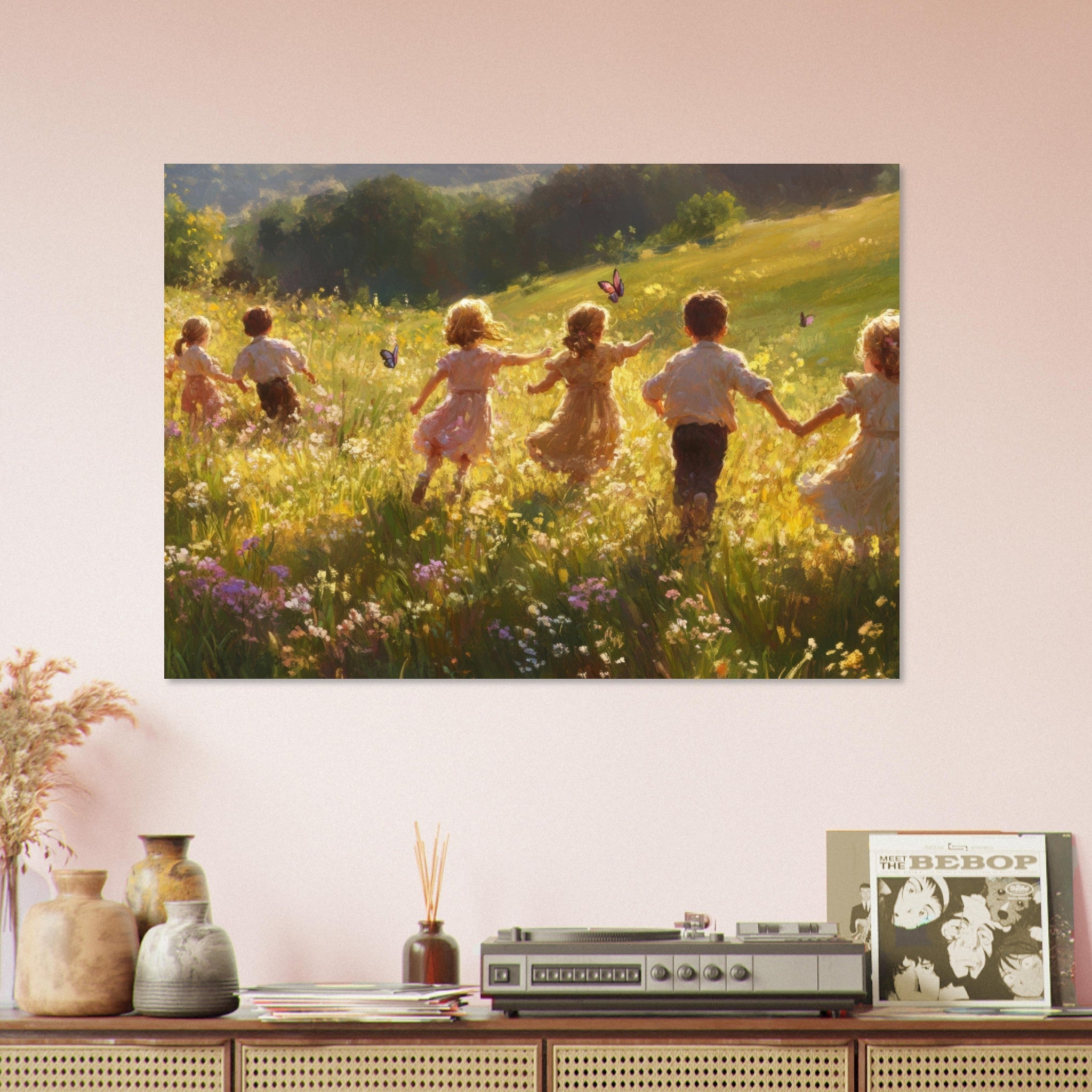 Aluminum Print Landscape - Children Playing in a Meadow A sunlit country - Shop Ai Art WebShop - Digital Art online Store