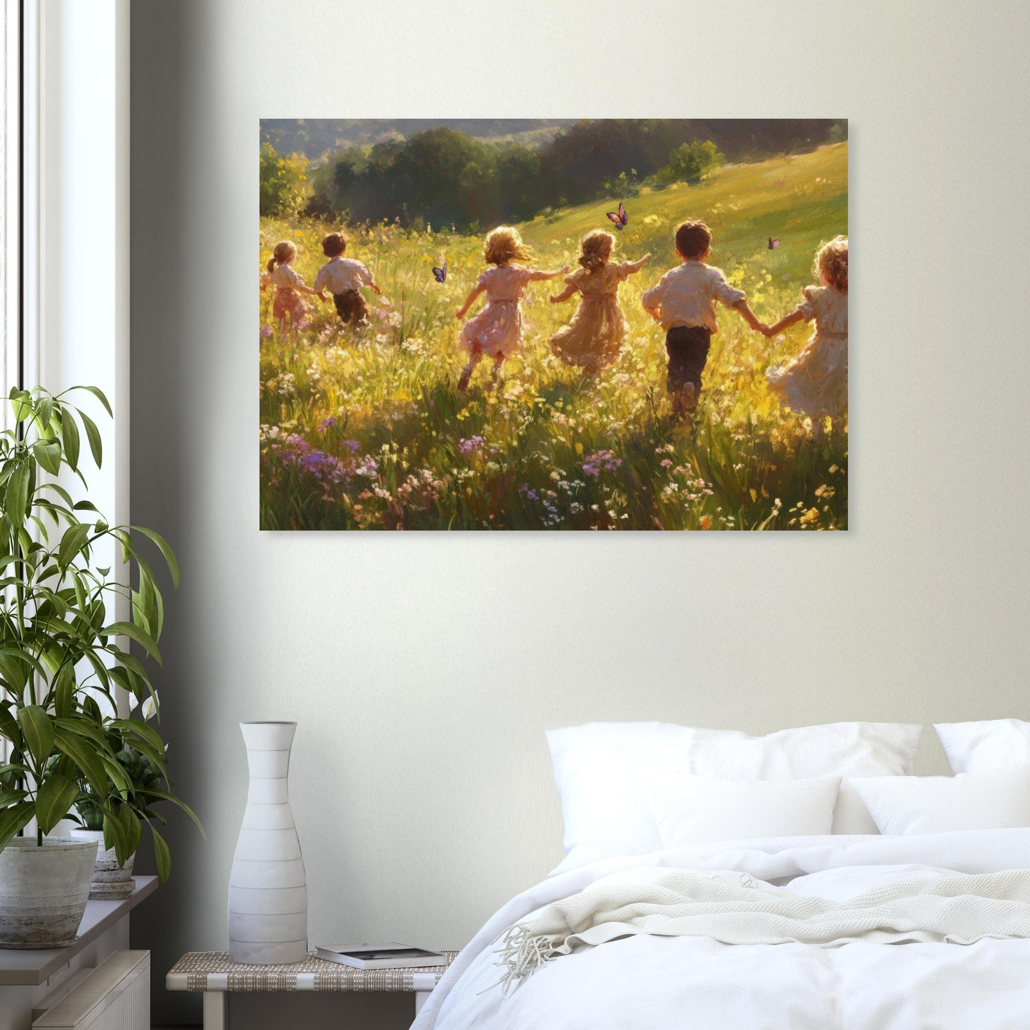 Aluminum Print Landscape - Children Playing in a Meadow A sunlit country - Shop Ai Art WebShop - Digital Art online Store