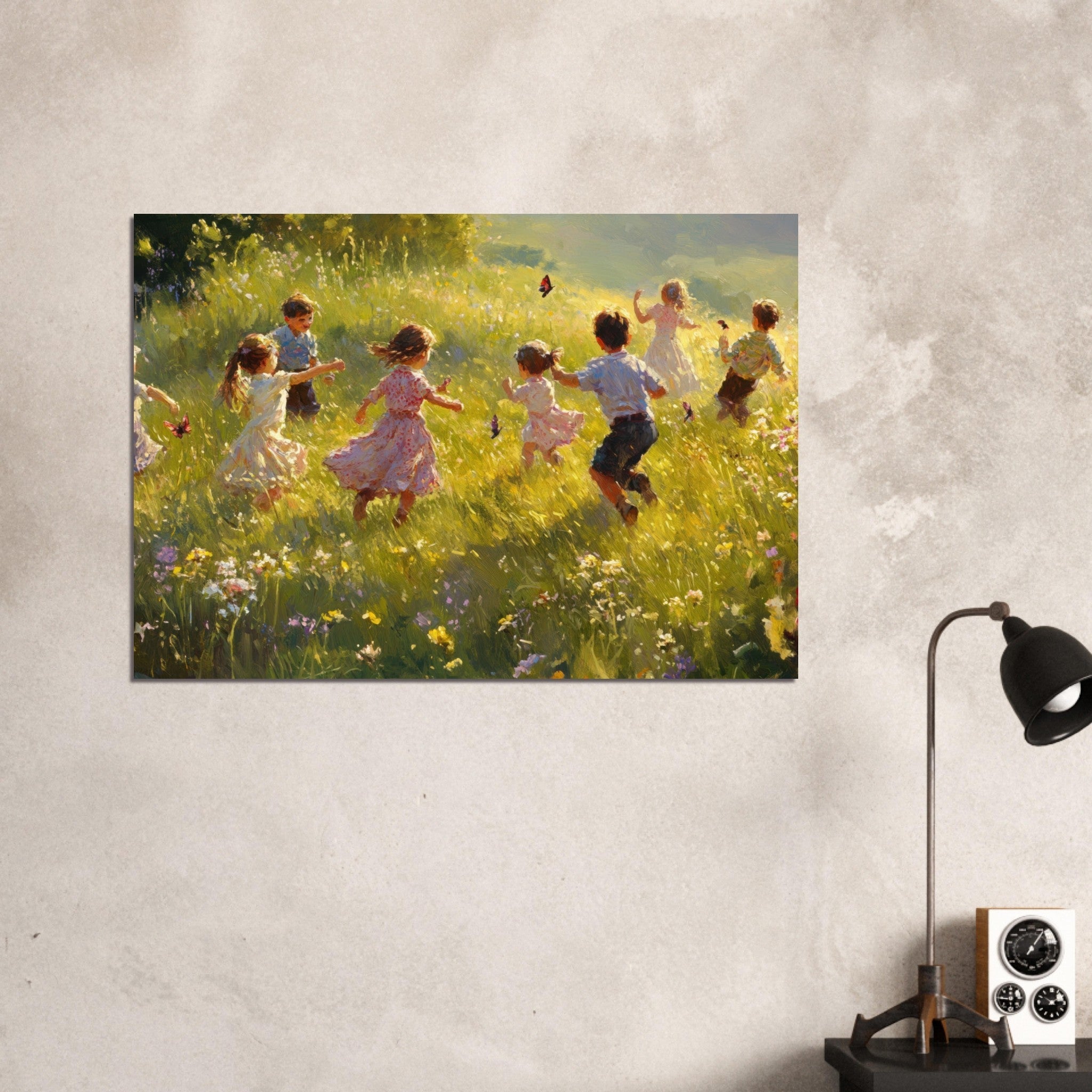 Aluminum Print Landscape - Children Playing in a Meadow A sunlit country 2 - Shop Ai Art WebShop - Digital Art online Store