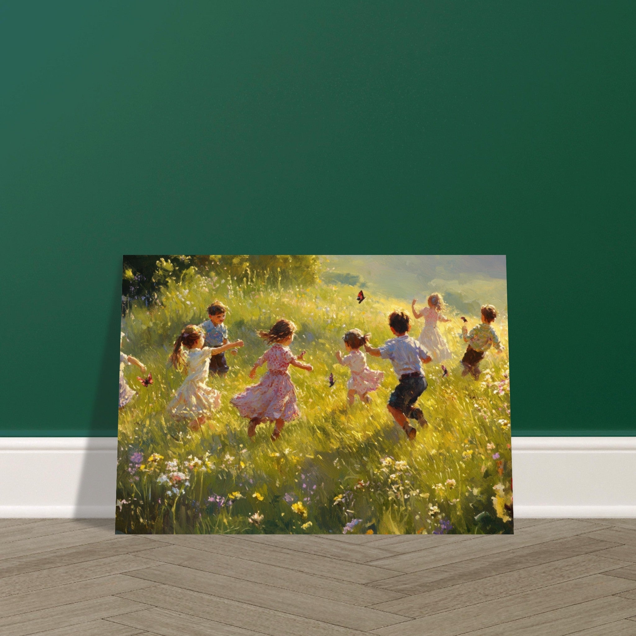 Aluminum Print Landscape - Children Playing in a Meadow A sunlit country 2 - Shop Ai Art WebShop - Digital Art online Store