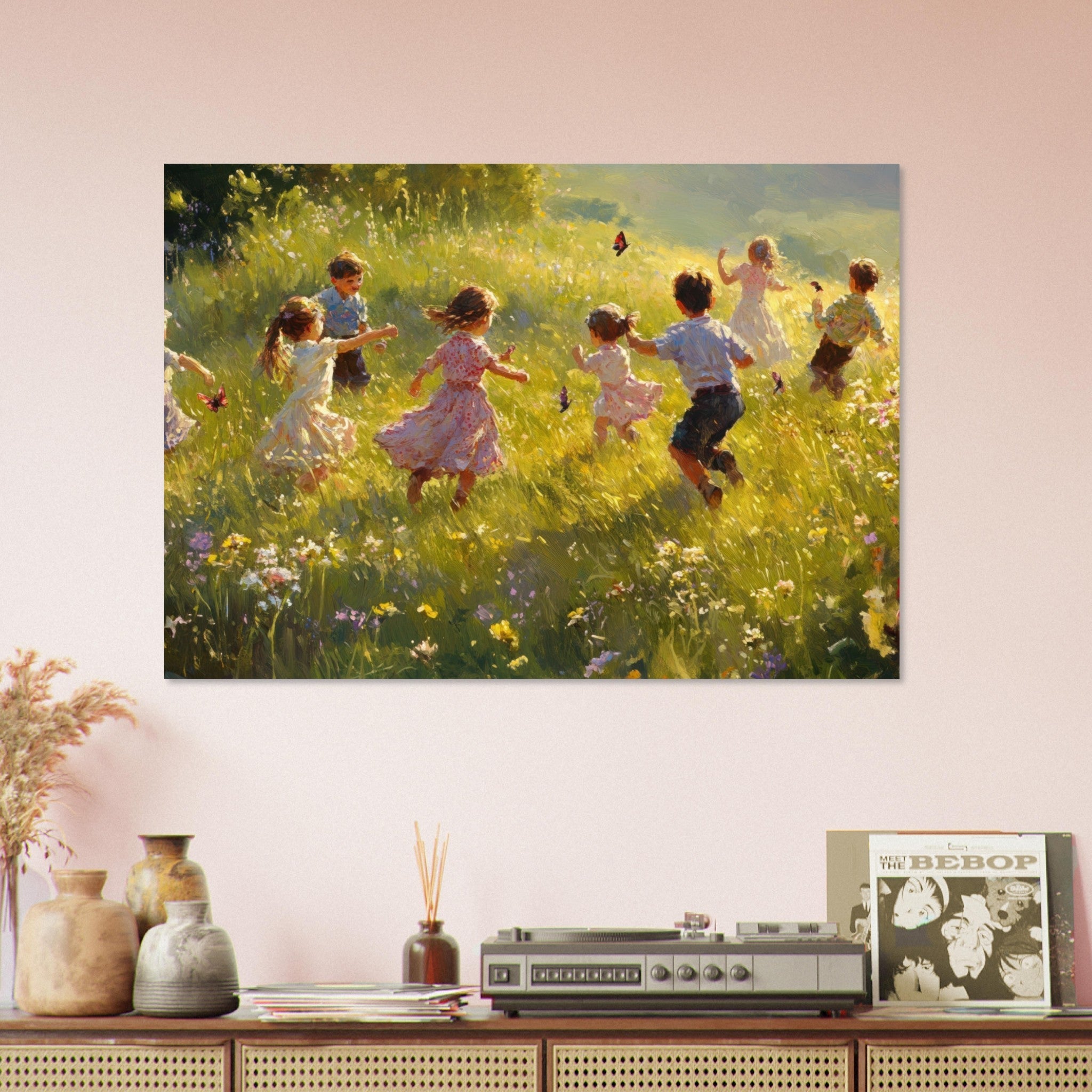 Aluminum Print Landscape - Children Playing in a Meadow A sunlit country 2 - Shop Ai Art WebShop - Digital Art online Store