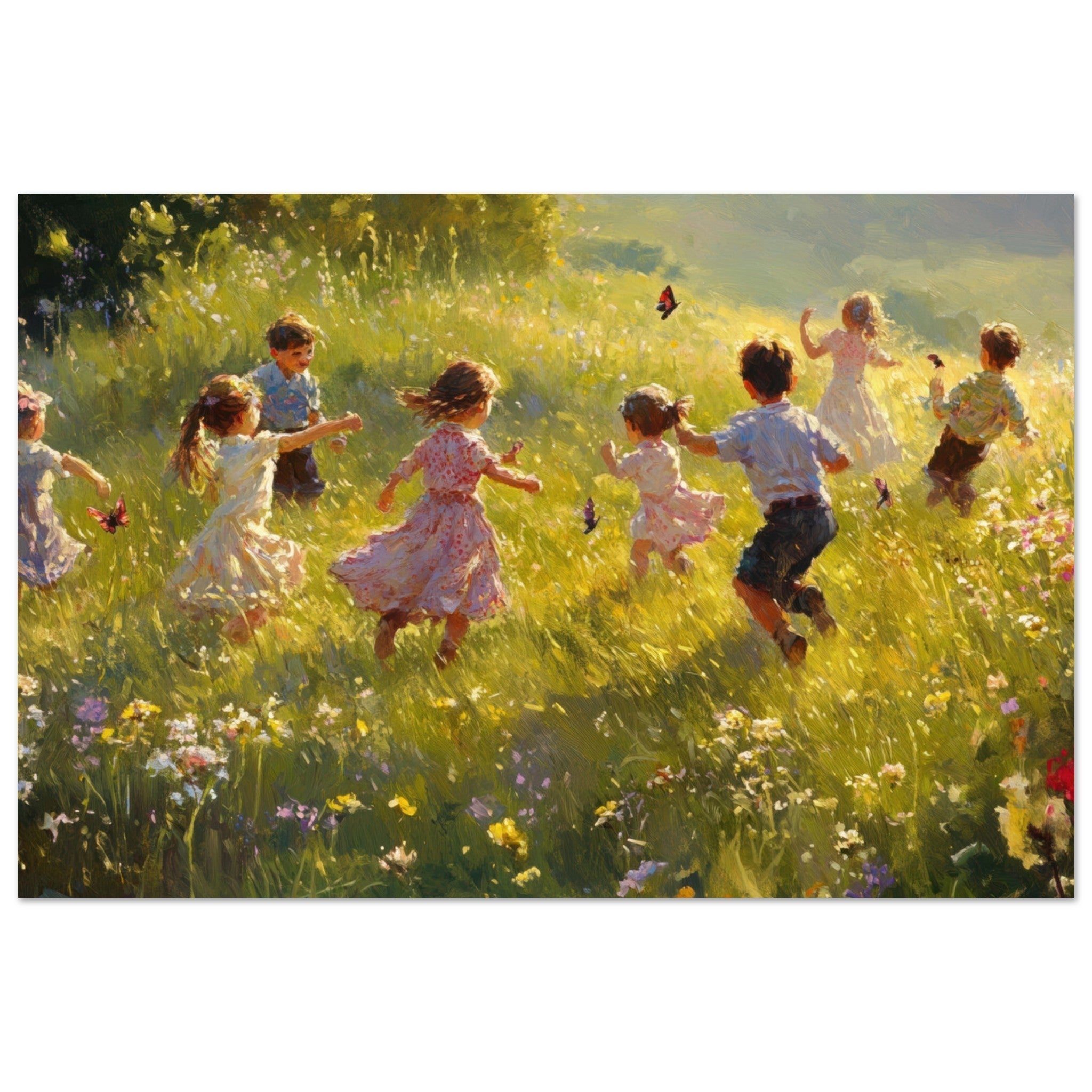 Aluminum Print Landscape - Children Playing in a Meadow A sunlit country 2 - Shop Ai Art WebShop - Digital Art online Store