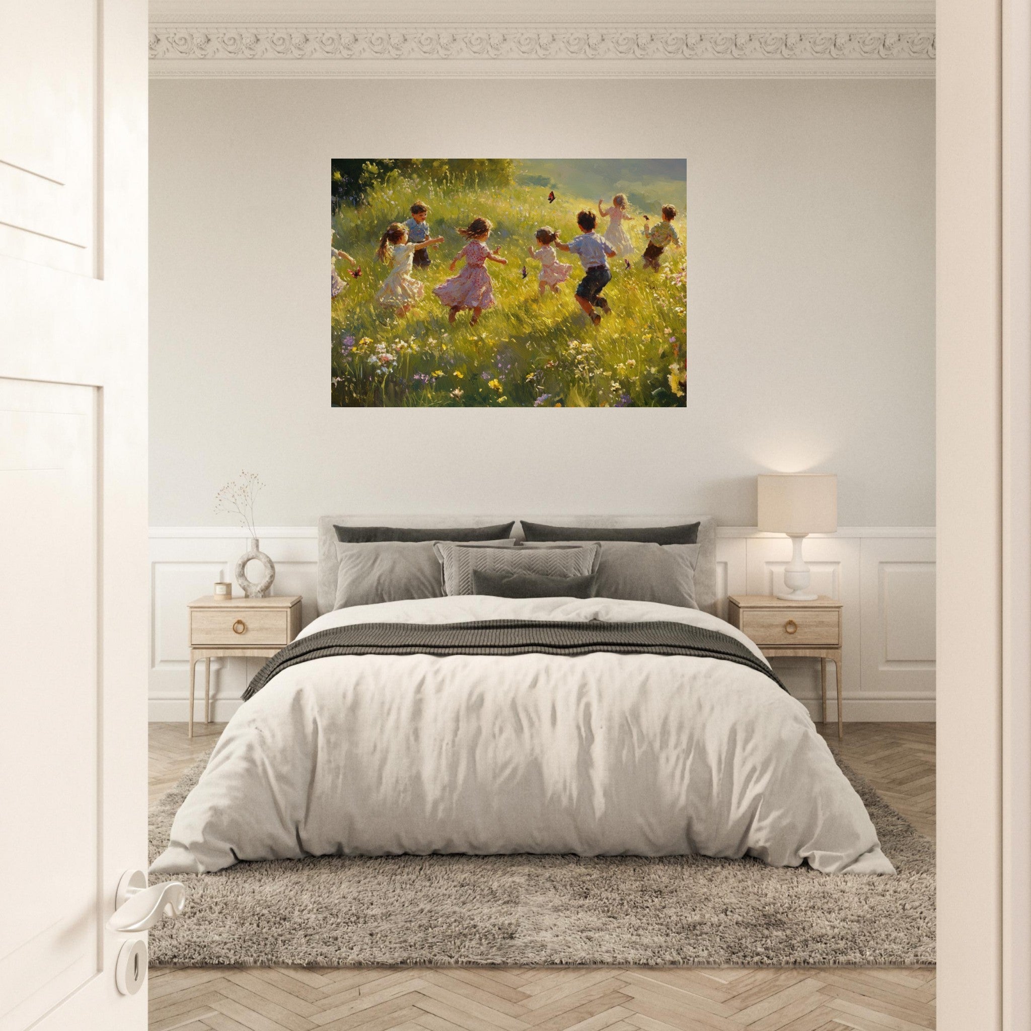 Aluminum Print Landscape - Children Playing in a Meadow A sunlit country 2 - Shop Ai Art WebShop - Digital Art online Store