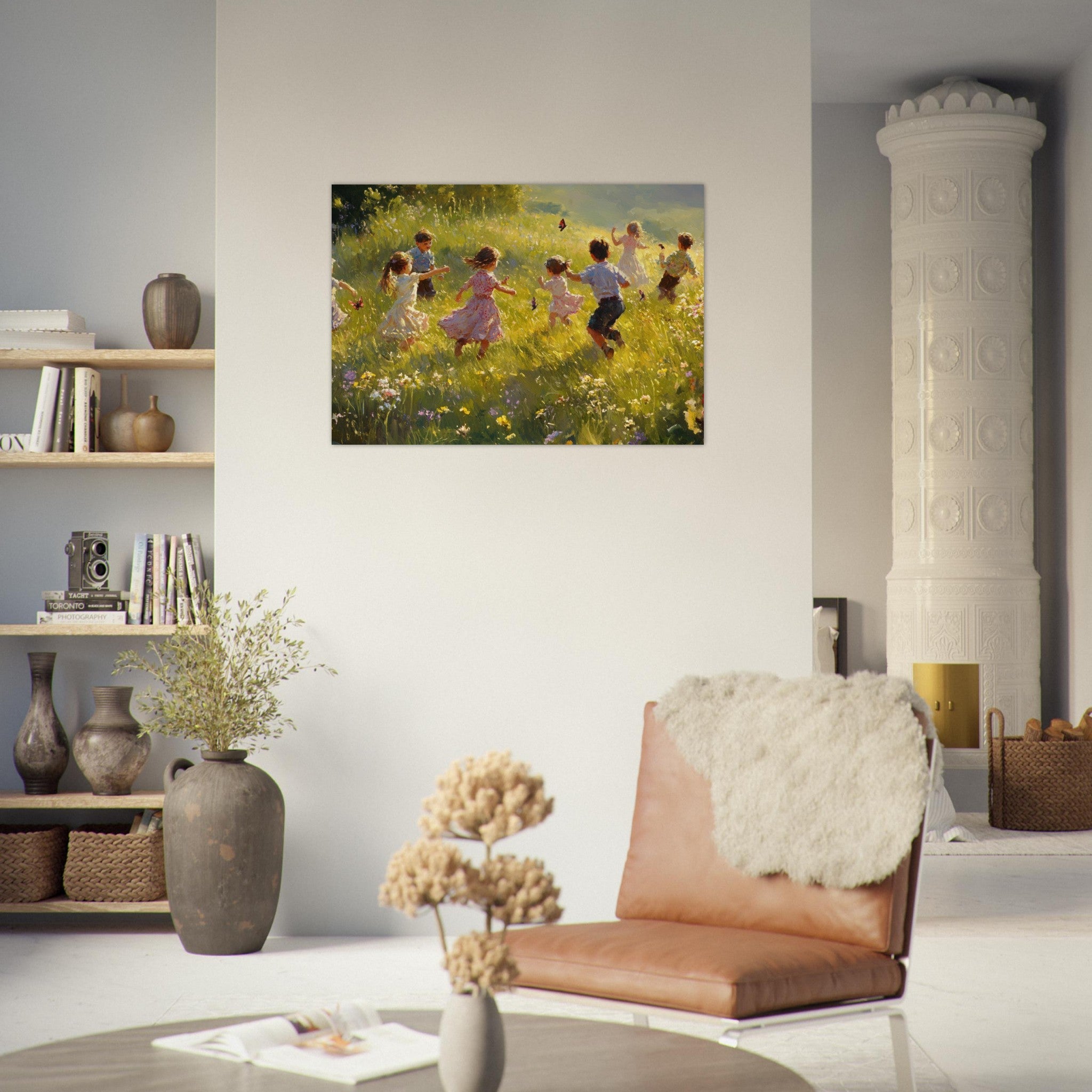 Aluminum Print Landscape - Children Playing in a Meadow A sunlit country 2 - Shop Ai Art WebShop - Digital Art online Store
