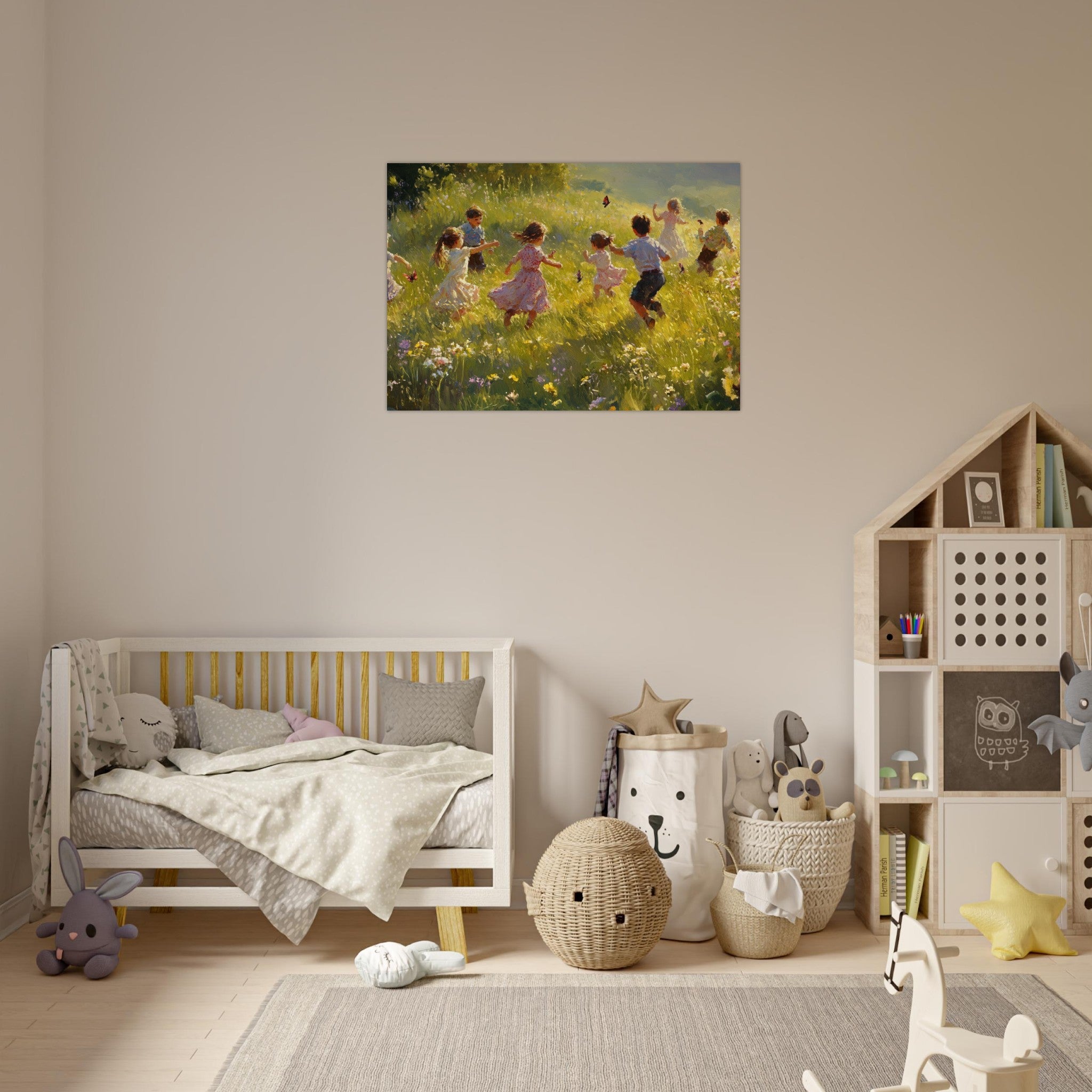 Aluminum Print Landscape - Children Playing in a Meadow A sunlit country 2 - Shop Ai Art WebShop - Digital Art online Store
