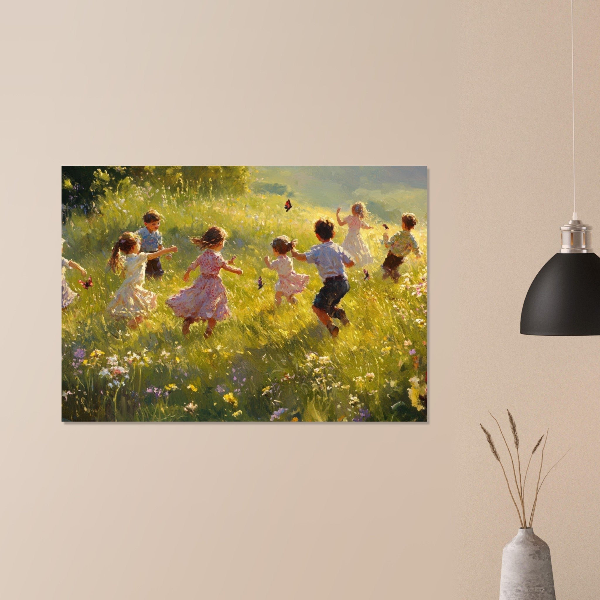 Aluminum Print Landscape - Children Playing in a Meadow A sunlit country 2 - Shop Ai Art WebShop - Digital Art online Store