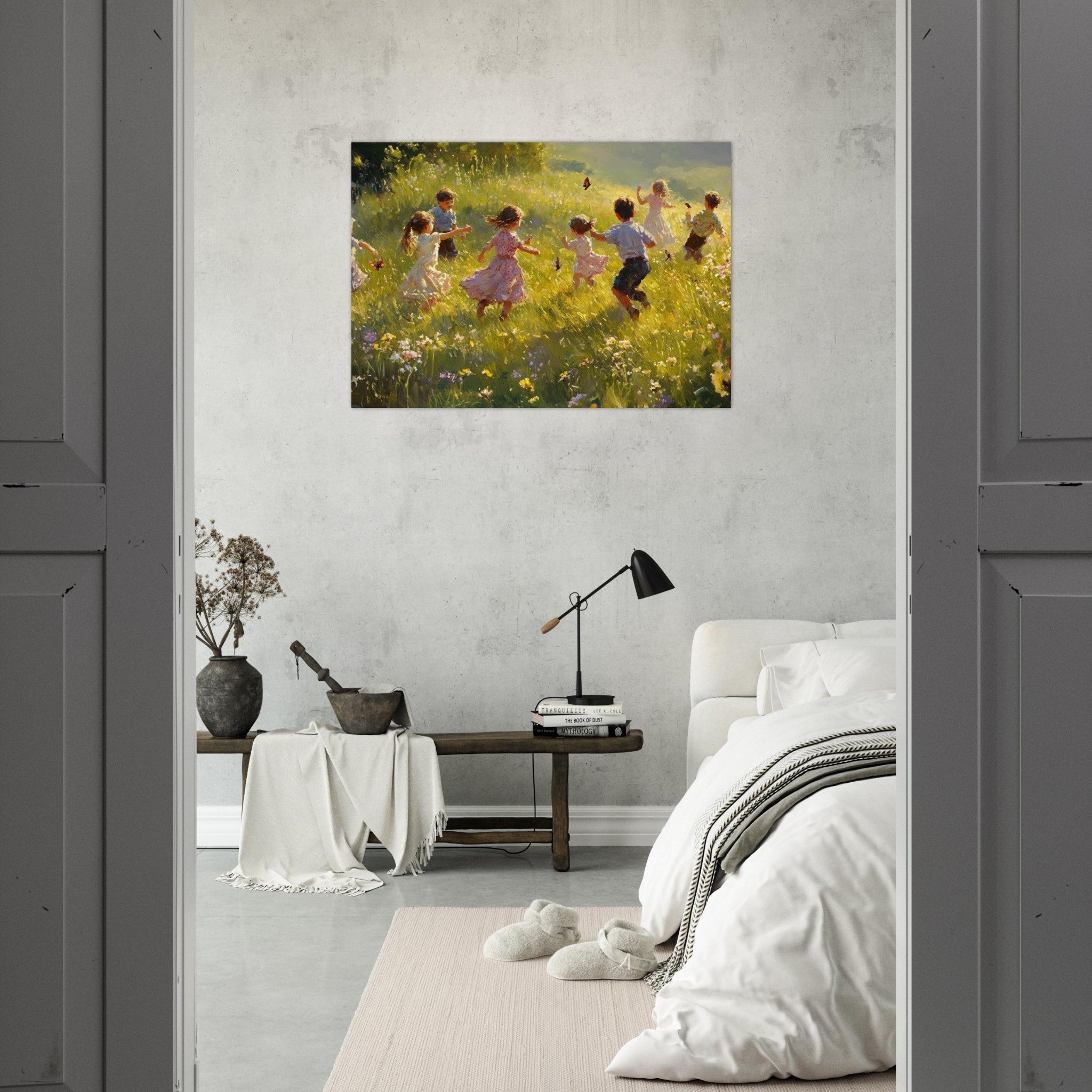Aluminum Print Landscape - Children Playing in a Meadow A sunlit country 2 - Shop Ai Art WebShop - Digital Art online Store