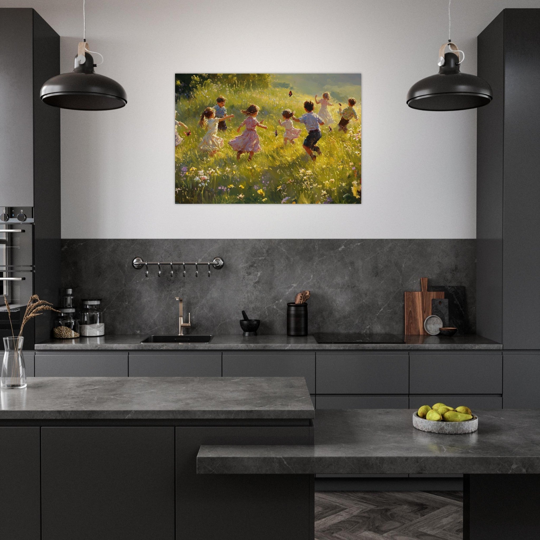 Aluminum Print Landscape - Children Playing in a Meadow A sunlit country 2 - Shop Ai Art WebShop - Digital Art online Store
