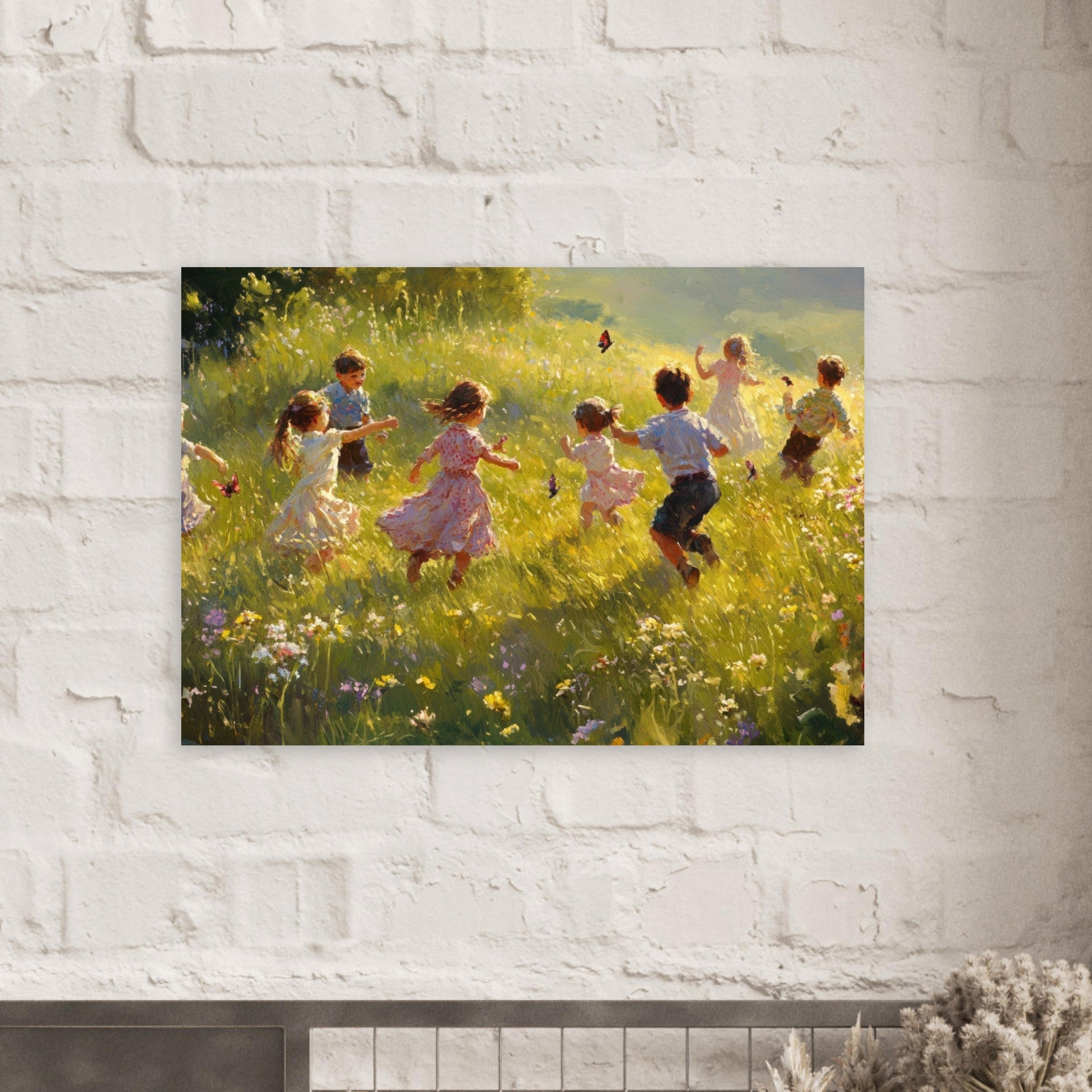 Aluminum Print Landscape - Children Playing in a Meadow A sunlit country 2 - Shop Ai Art WebShop - Digital Art online Store