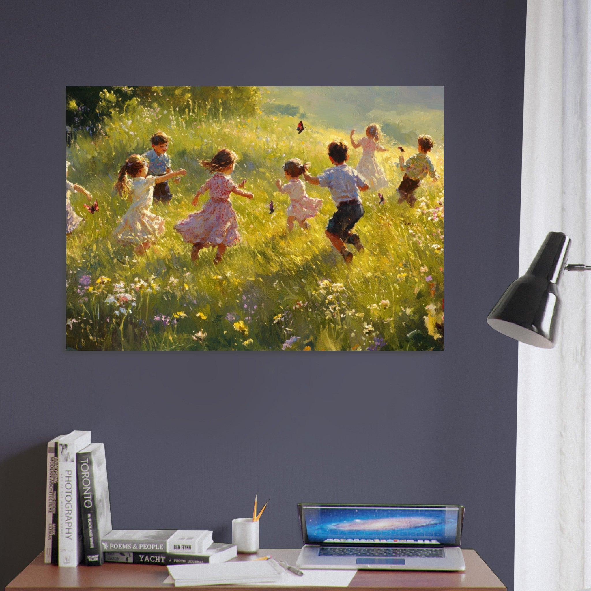 Aluminum Print Landscape - Children Playing in a Meadow A sunlit country 2 - Shop Ai Art WebShop - Digital Art online Store