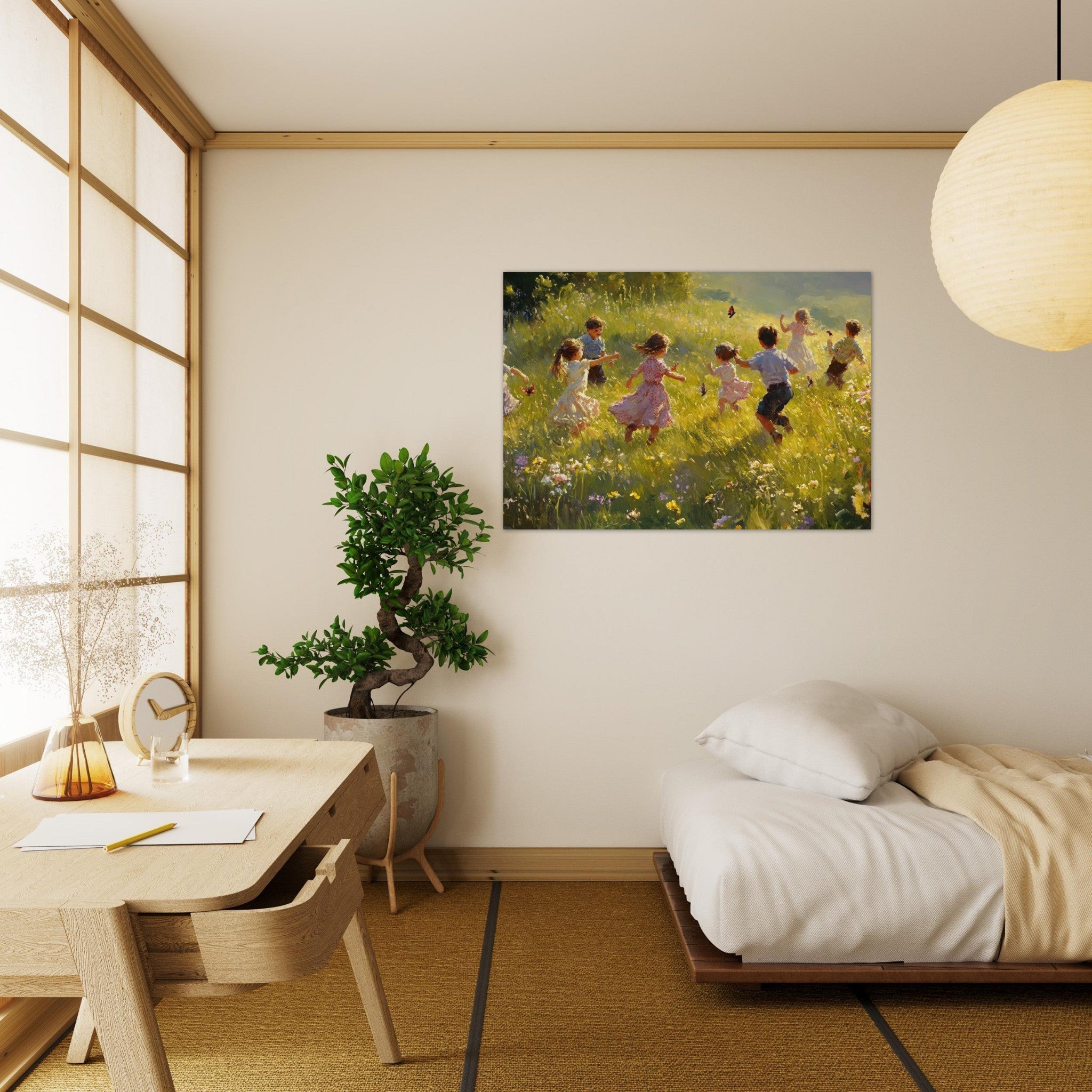 Aluminum Print Landscape - Children Playing in a Meadow A sunlit country 2 - Shop Ai Art WebShop - Digital Art online Store