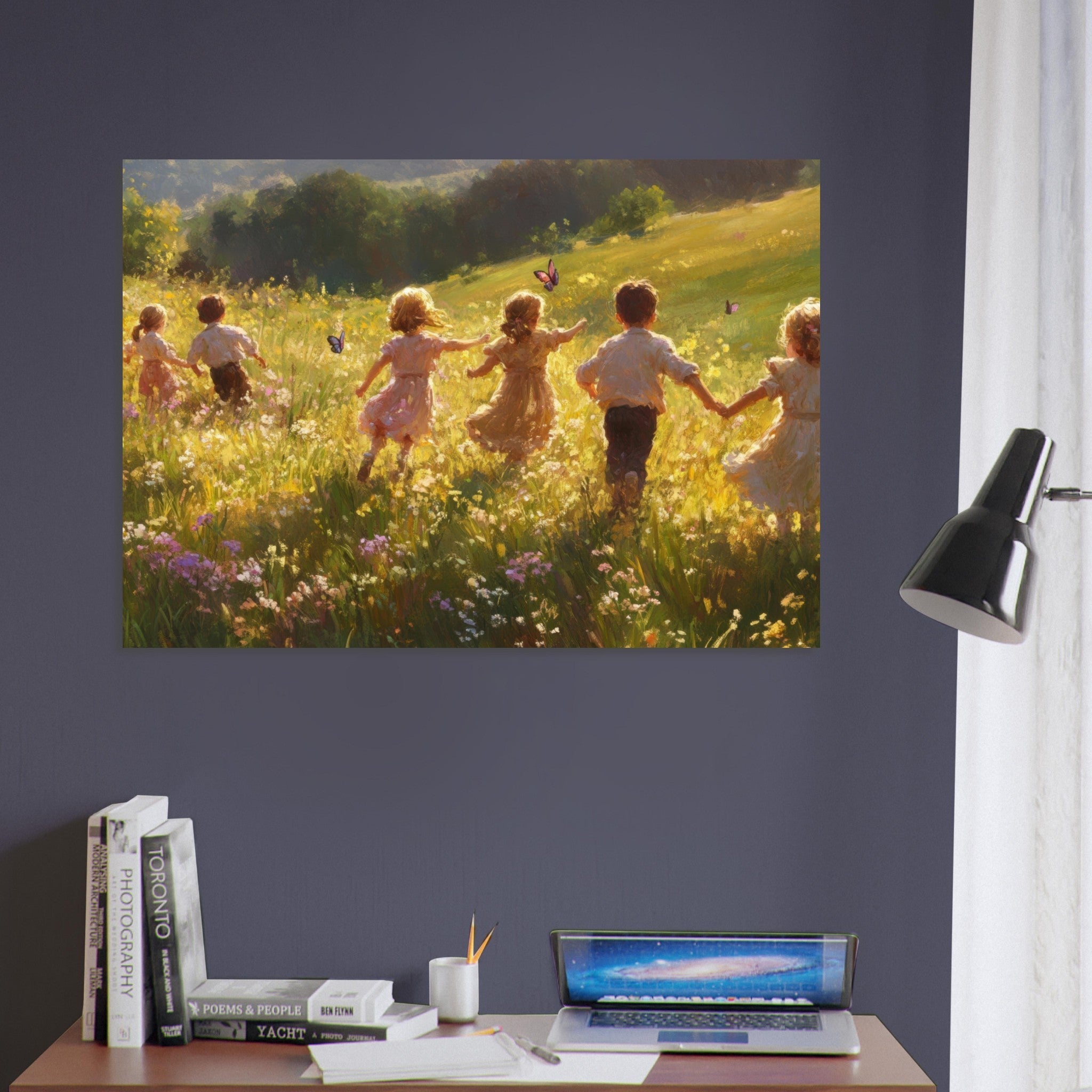 Aluminum Print Landscape - Children Playing in a Meadow A sunlit country - Shop Ai Art WebShop - Digital Art online Store