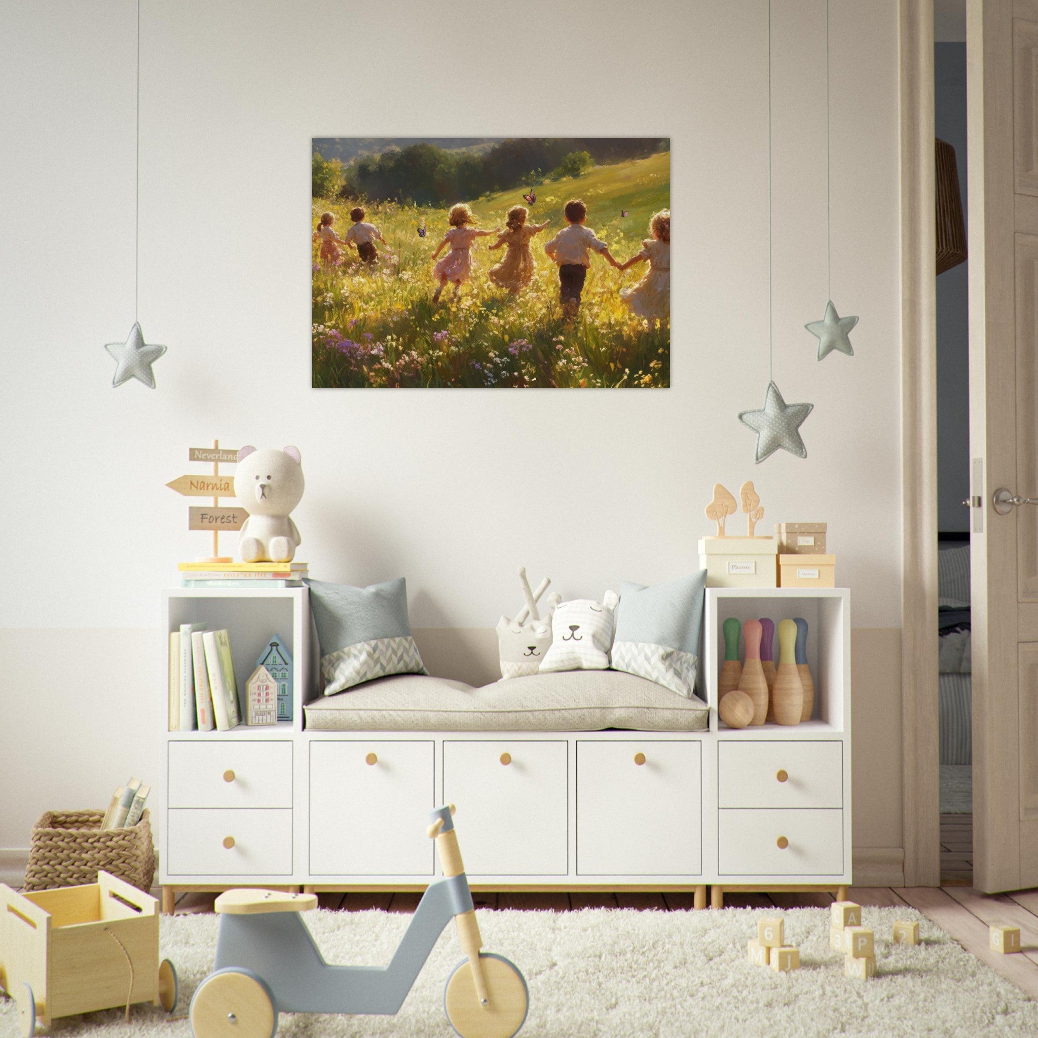 Aluminum Print Landscape - Children Playing in a Meadow A sunlit country - Shop Ai Art WebShop - Digital Art online Store