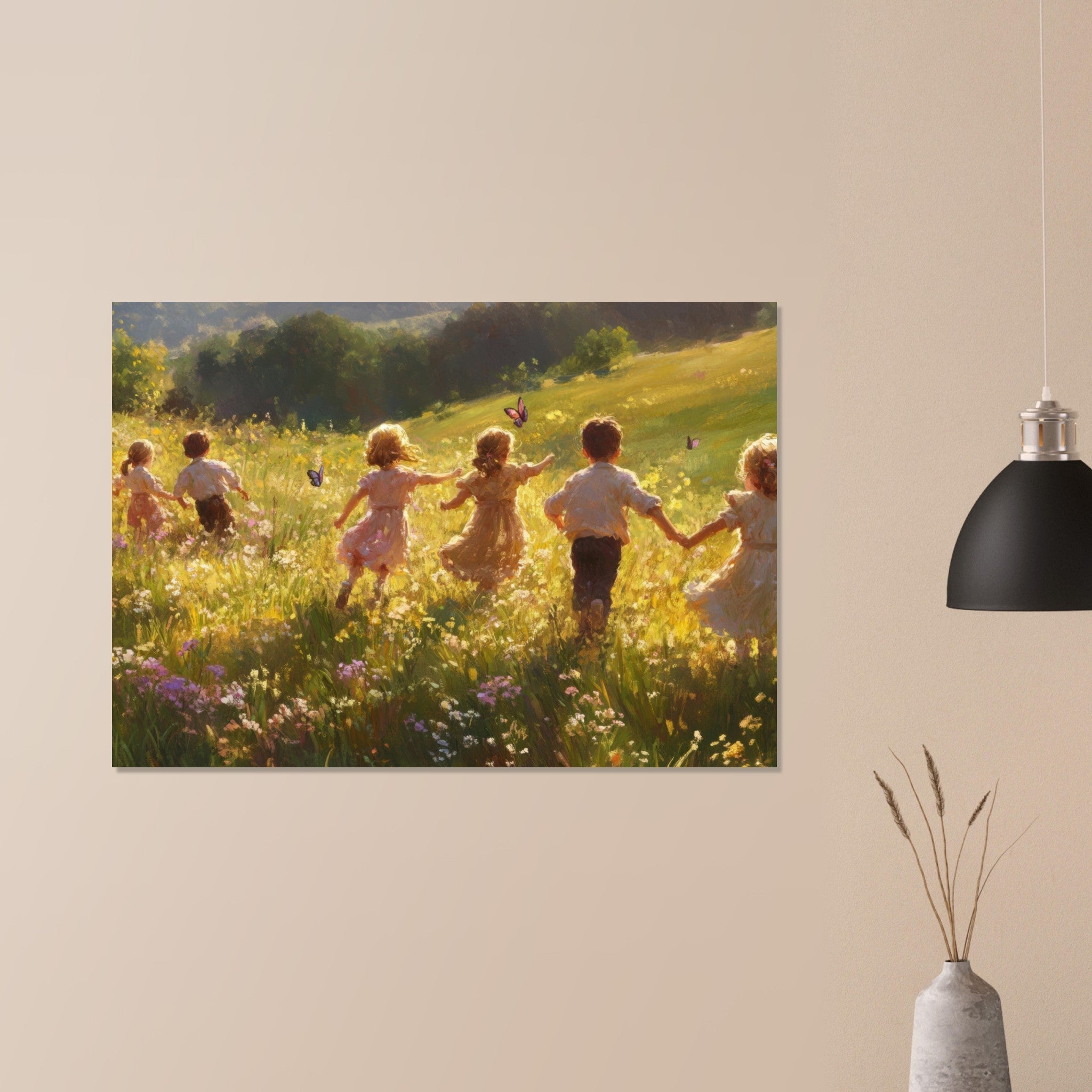 Aluminum Print Landscape - Children Playing in a Meadow A sunlit country - Shop Ai Art WebShop - Digital Art online Store