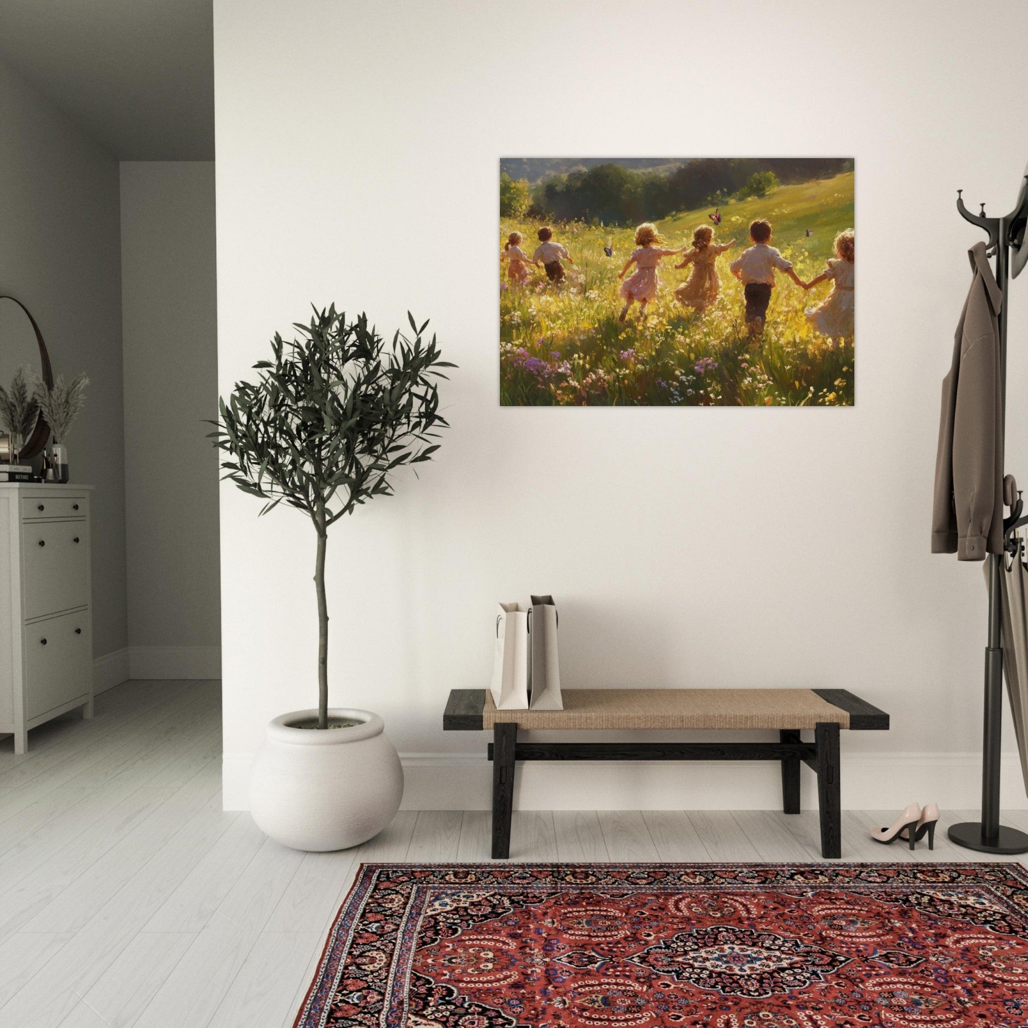 Aluminum Print Landscape - Children Playing in a Meadow A sunlit country - Shop Ai Art WebShop - Digital Art online Store