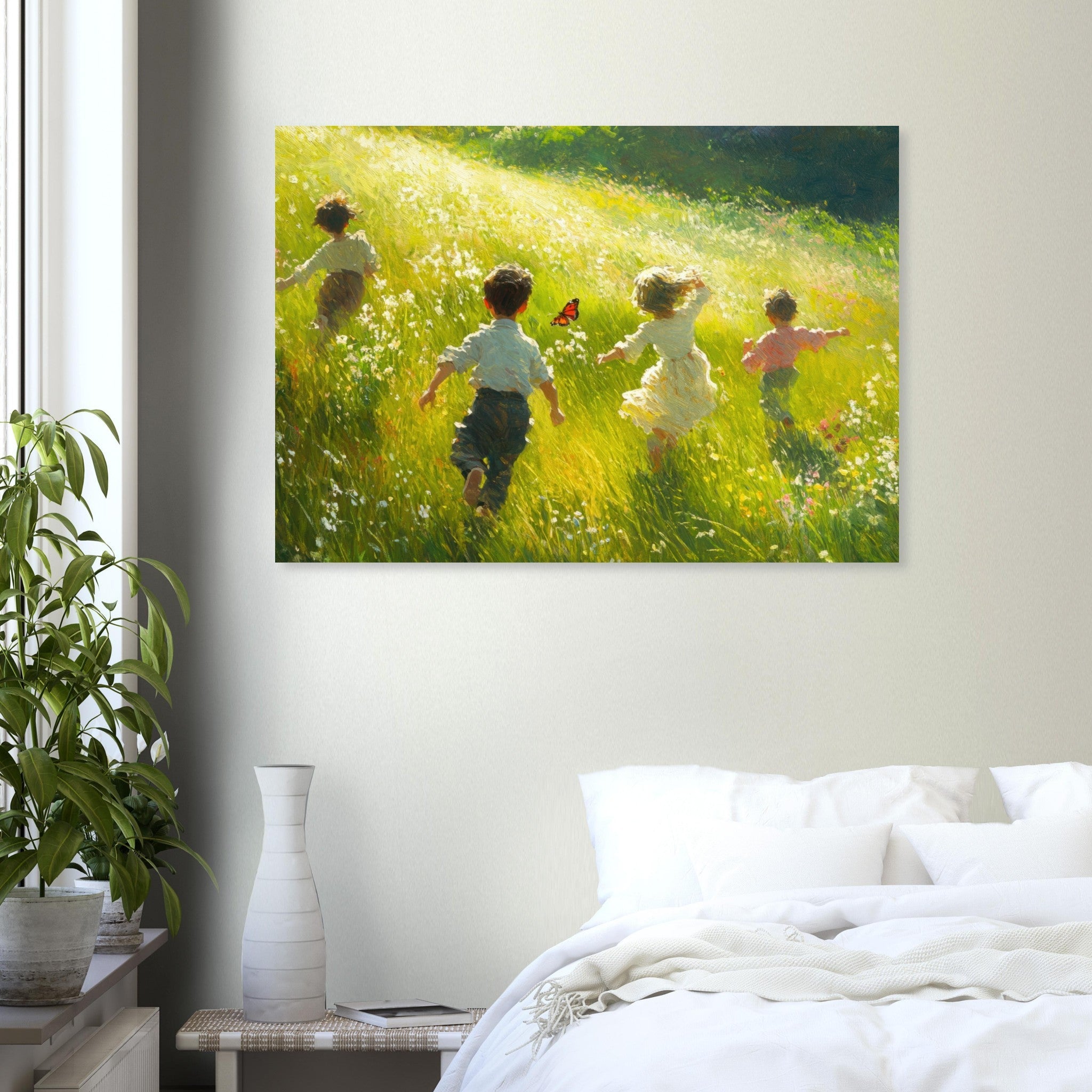 Aluminum Print Landscape - Children Playing in a Meadow A sunlit country 3 - Shop Ai Art WebShop - Digital Art online Store