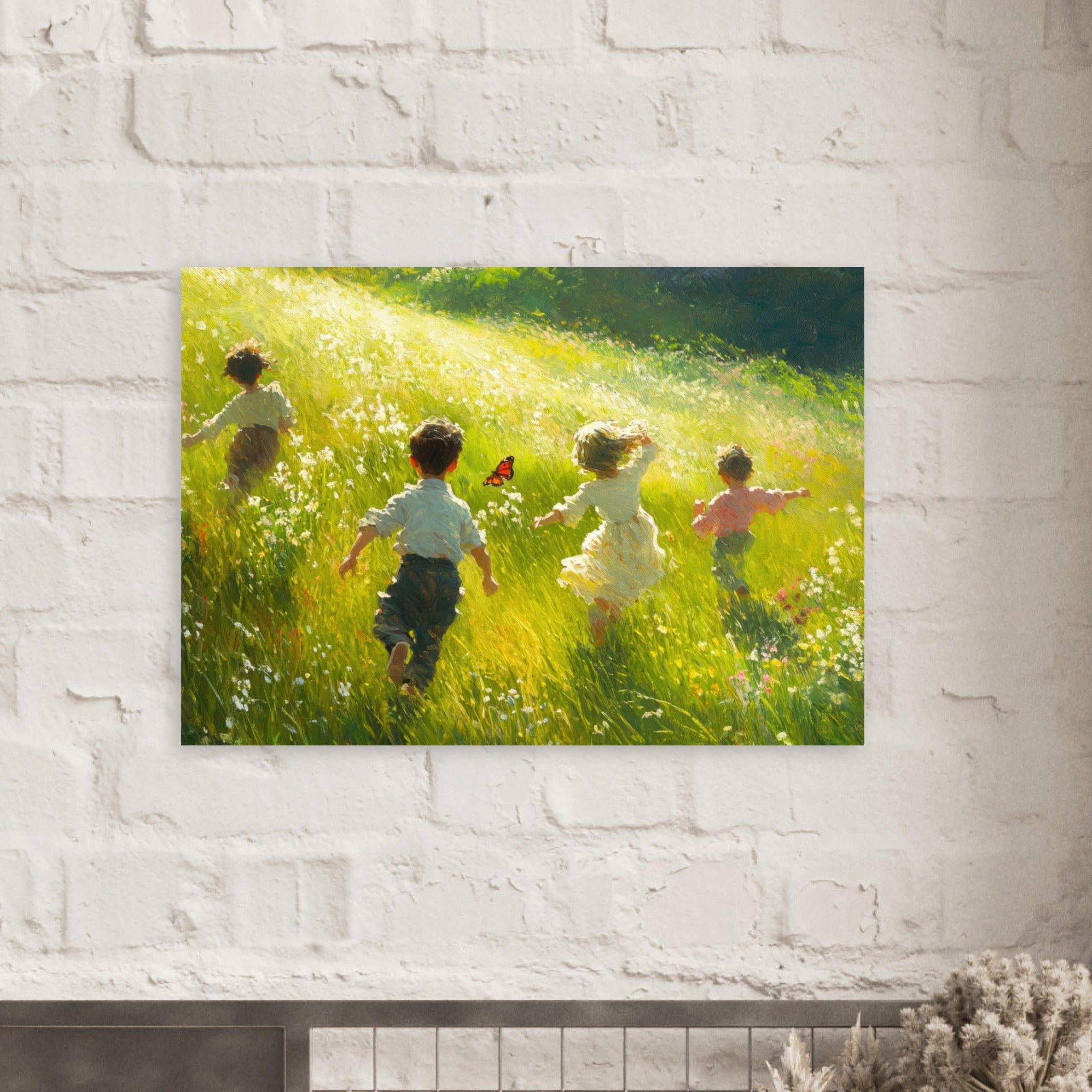 Aluminum Print Landscape - Children Playing in a Meadow A sunlit country 3 - Shop Ai Art WebShop - Digital Art online Store