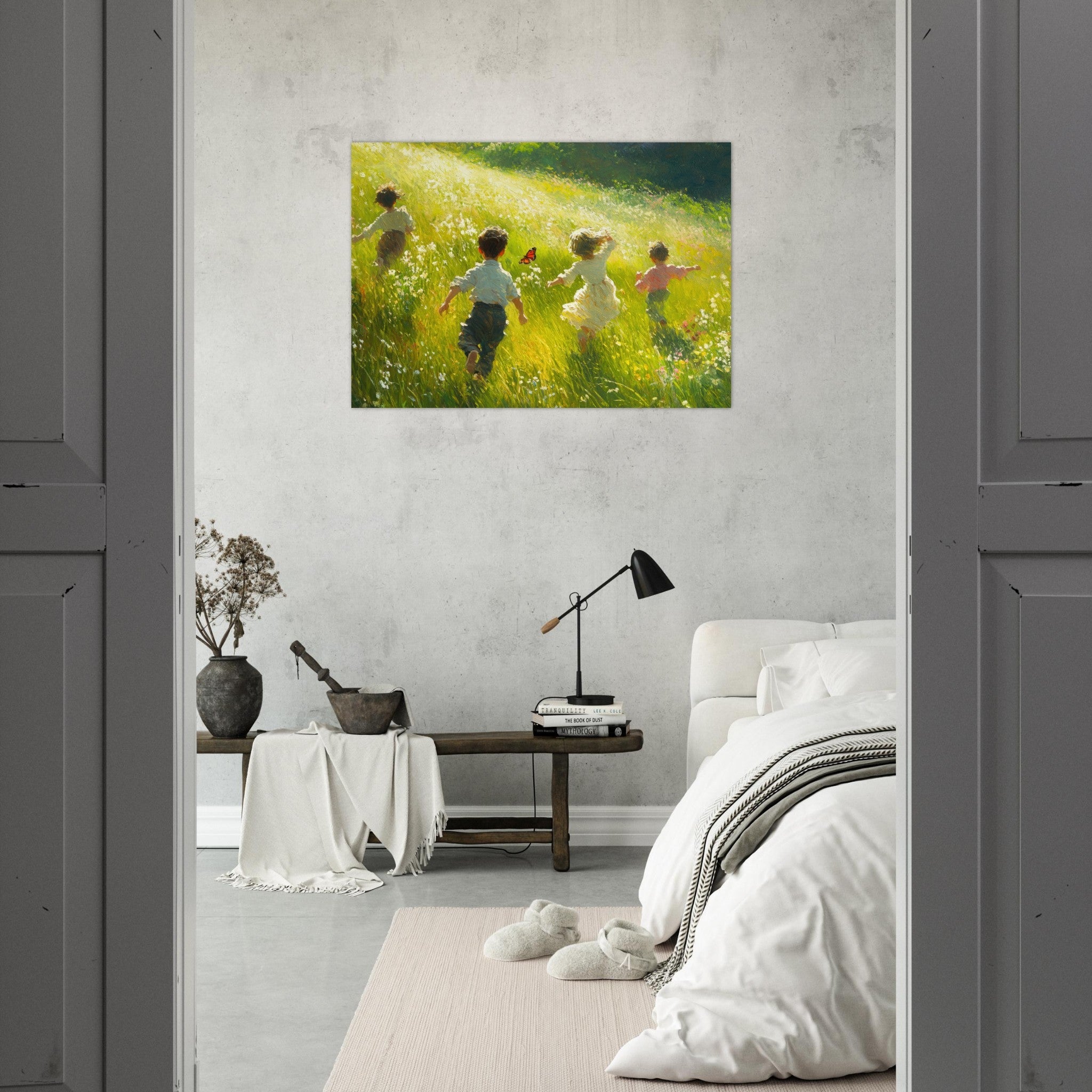 Aluminum Print Landscape - Children Playing in a Meadow A sunlit country 3 - Shop Ai Art WebShop - Digital Art online Store