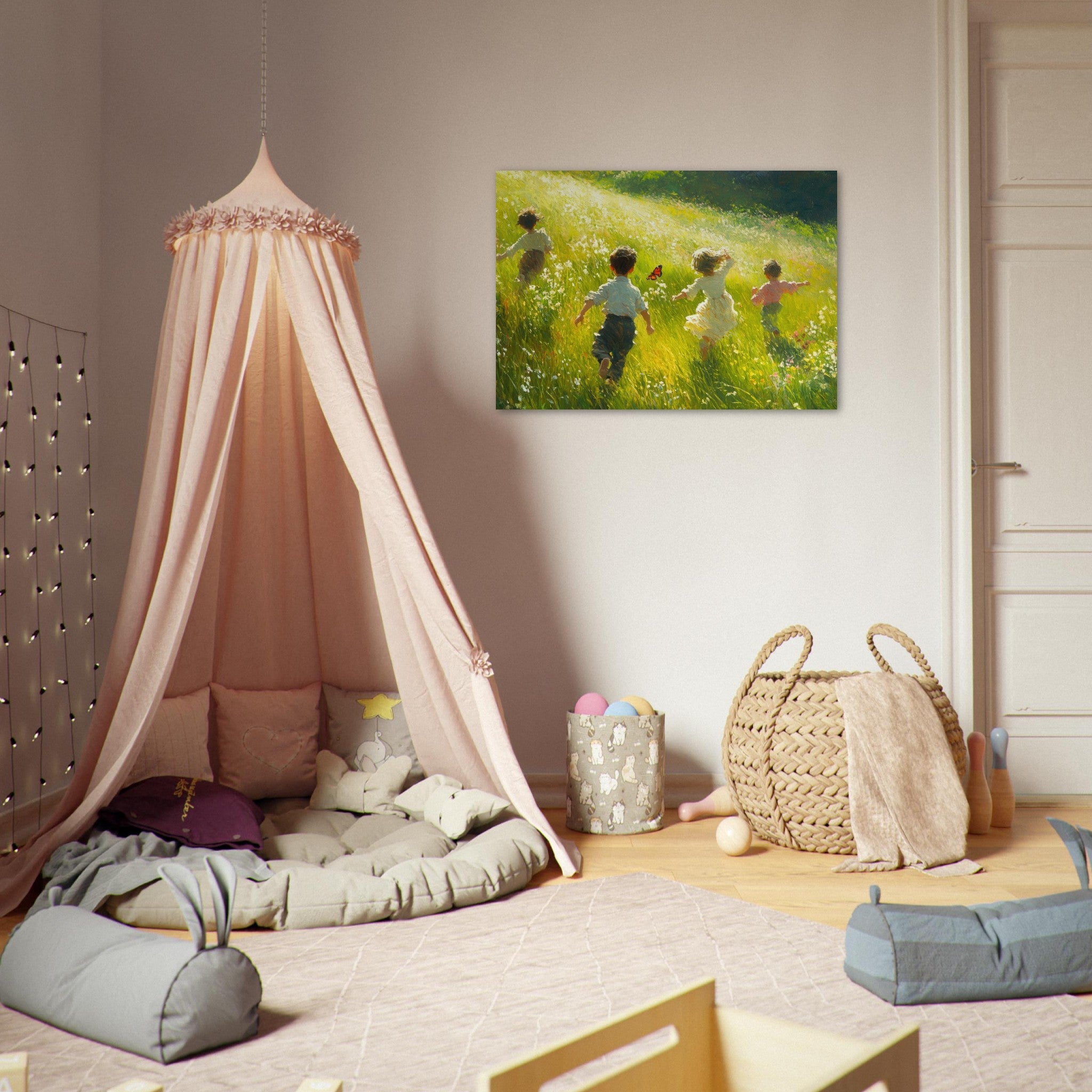 Aluminum Print Landscape - Children Playing in a Meadow A sunlit country 3 - Shop Ai Art WebShop - Digital Art online Store