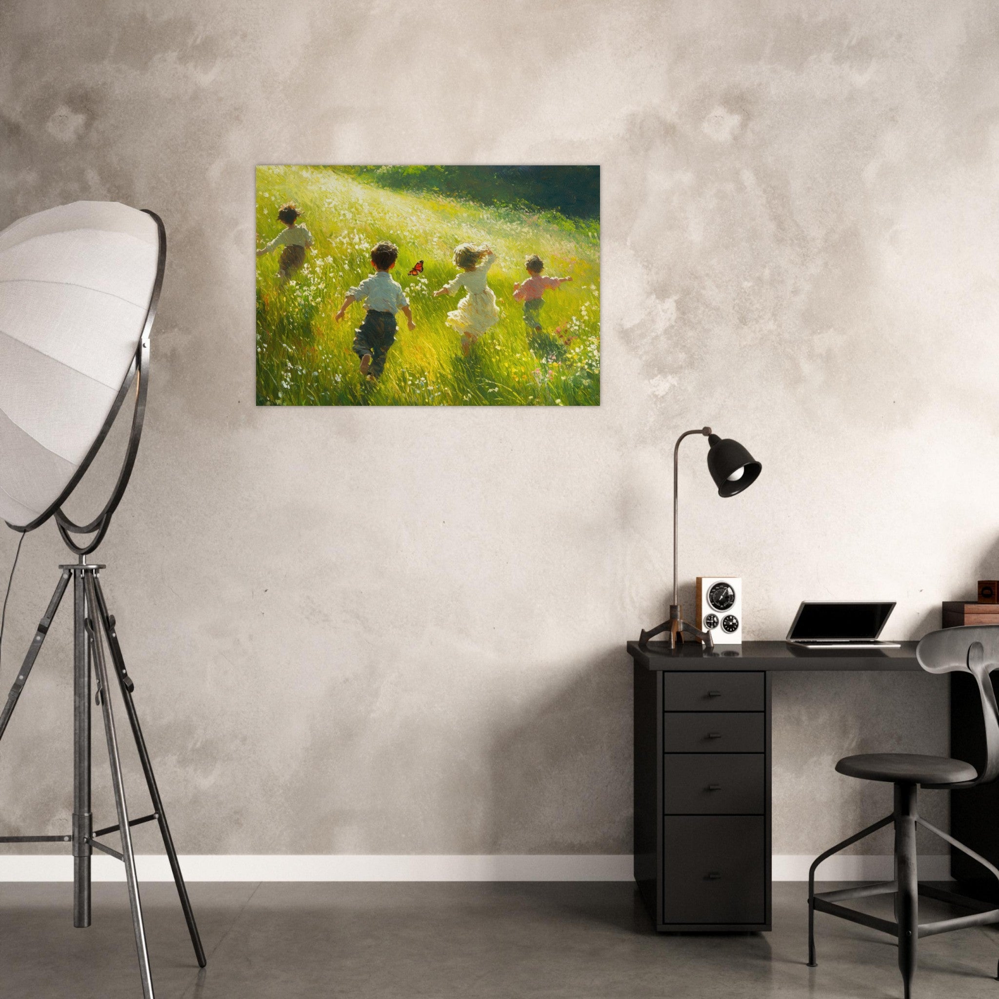 Aluminum Print Landscape - Children Playing in a Meadow A sunlit country 3 - Shop Ai Art WebShop - Digital Art online Store