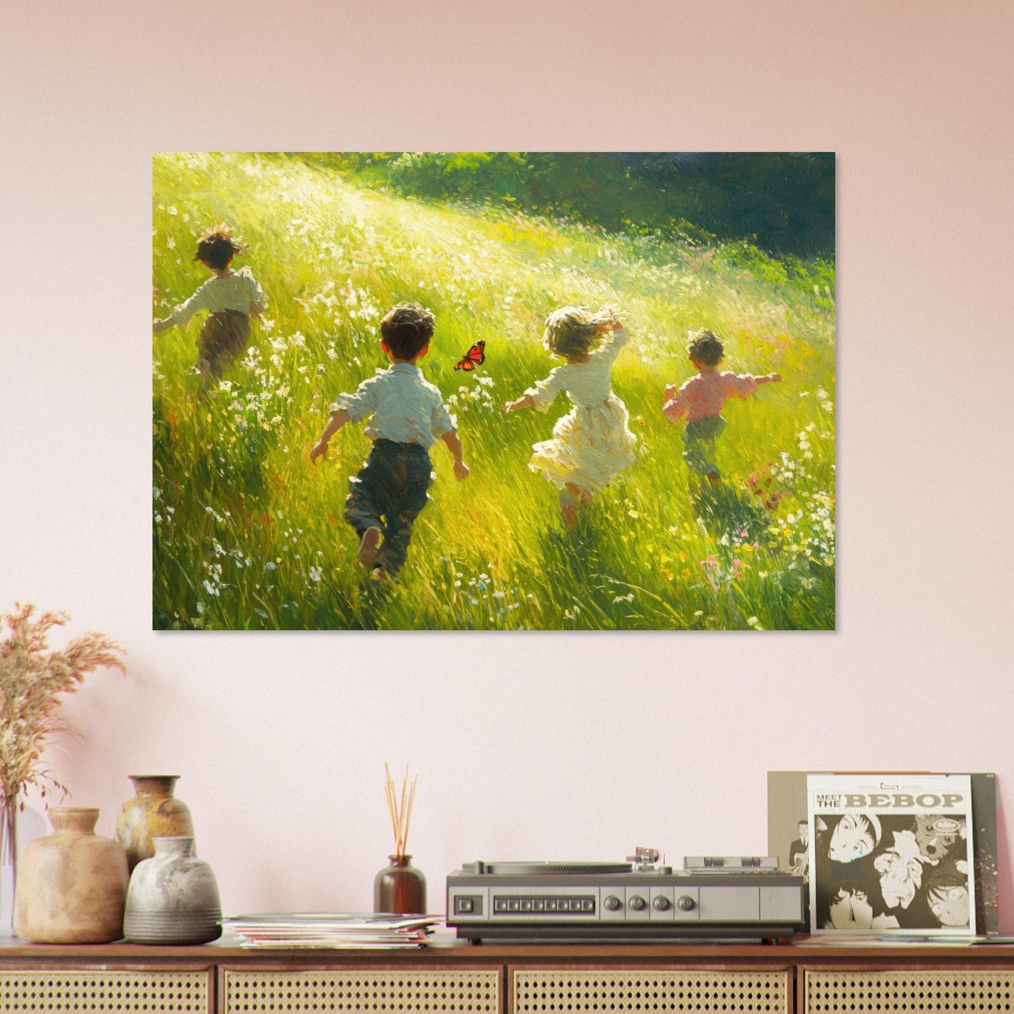 Aluminum Print Landscape - Children Playing in a Meadow A sunlit country 3 - Shop Ai Art WebShop - Digital Art online Store