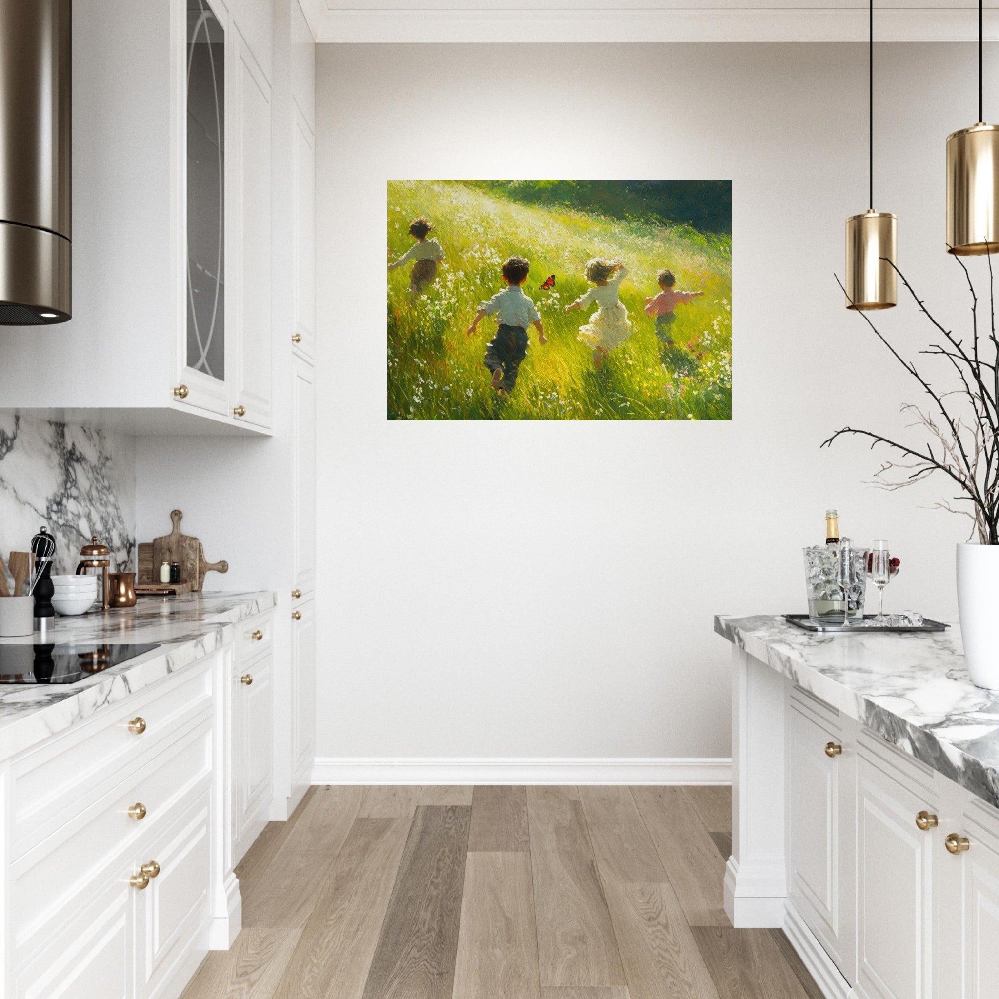Aluminum Print Landscape - Children Playing in a Meadow A sunlit country 3 - Shop Ai Art WebShop - Digital Art online Store